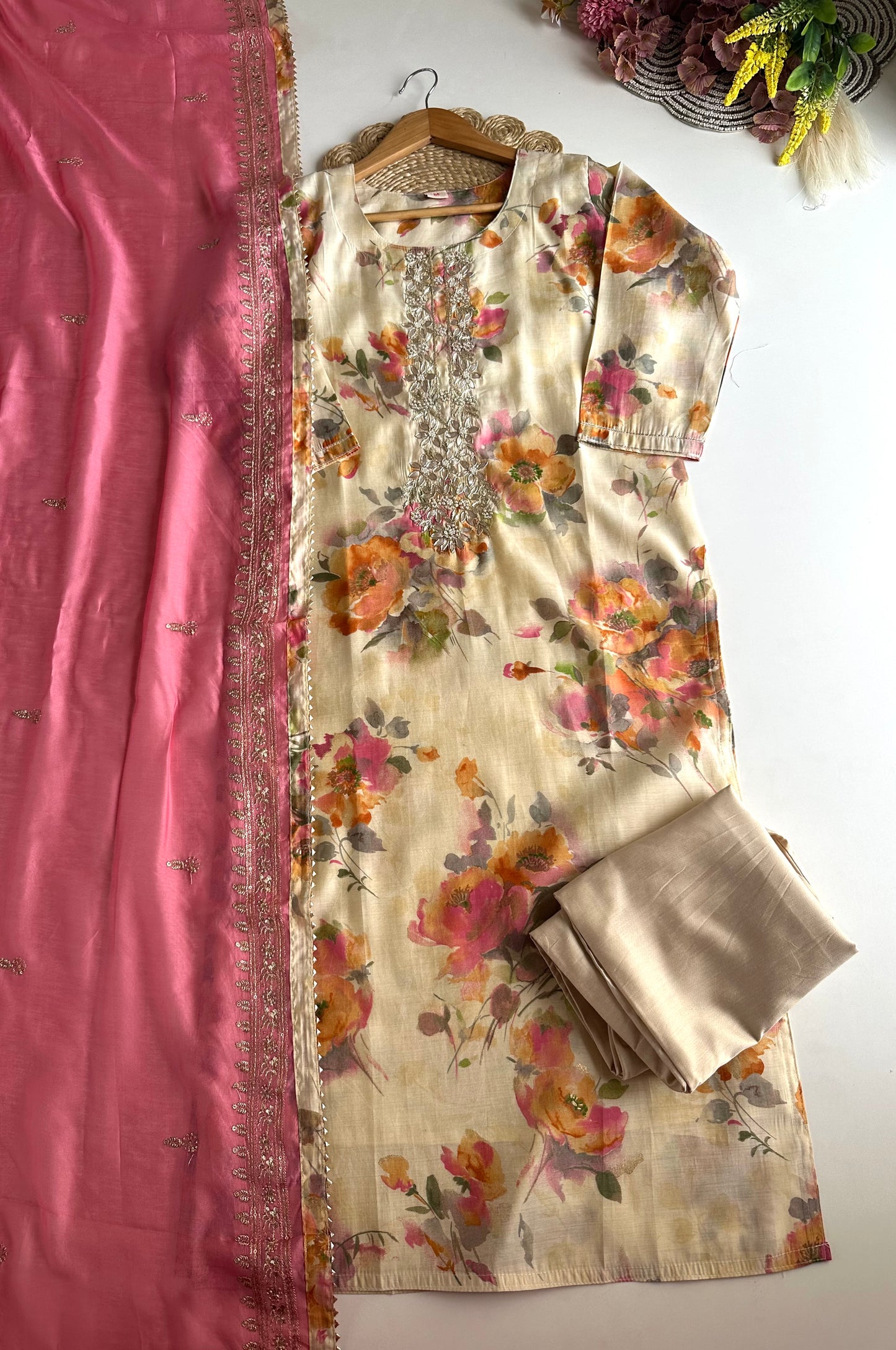 K476 - Roman silk zari work straight Kurti with pants and dupatta