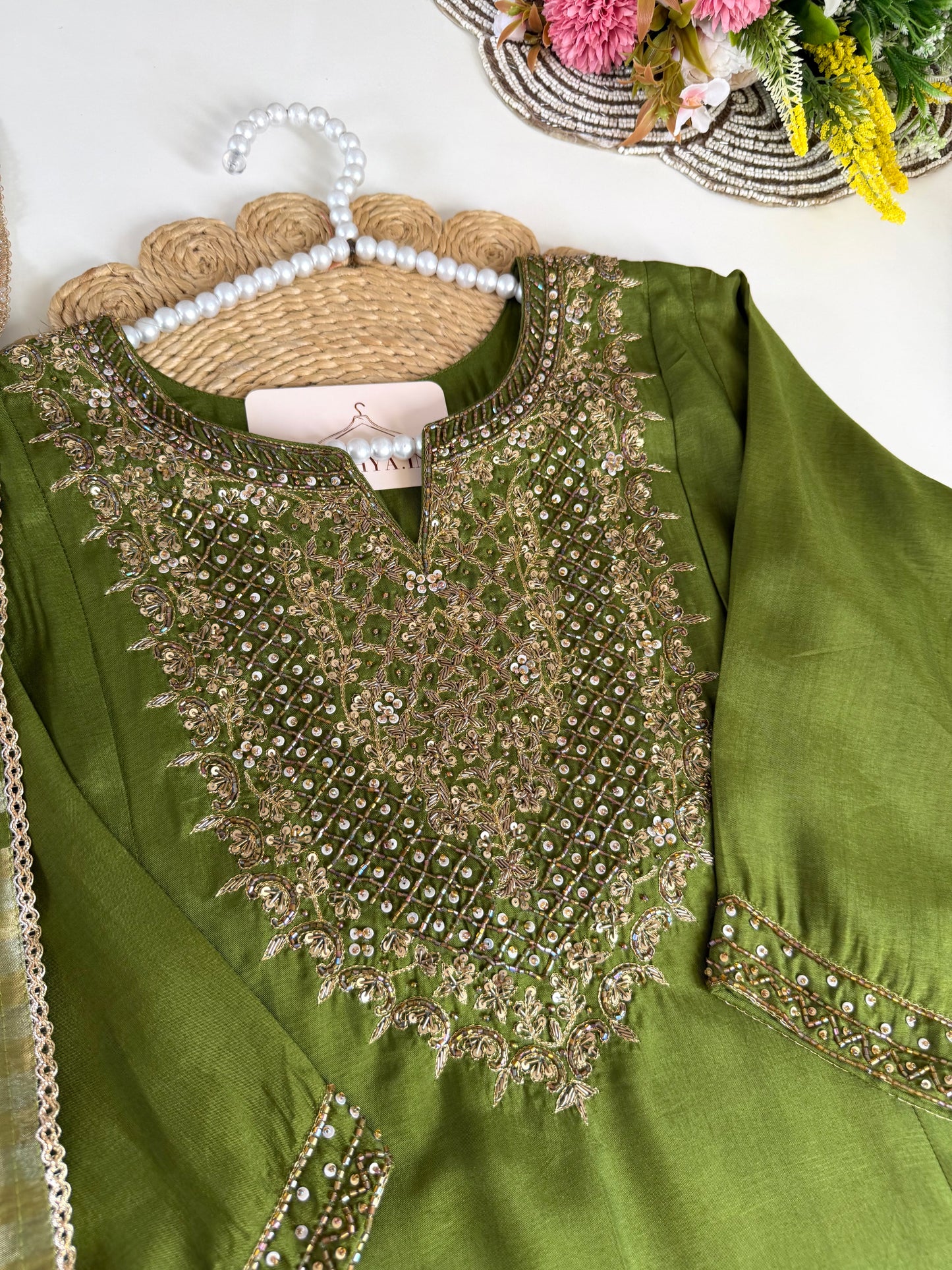 K675 - Russian silk handwork aline kurti with pants and dupatta
