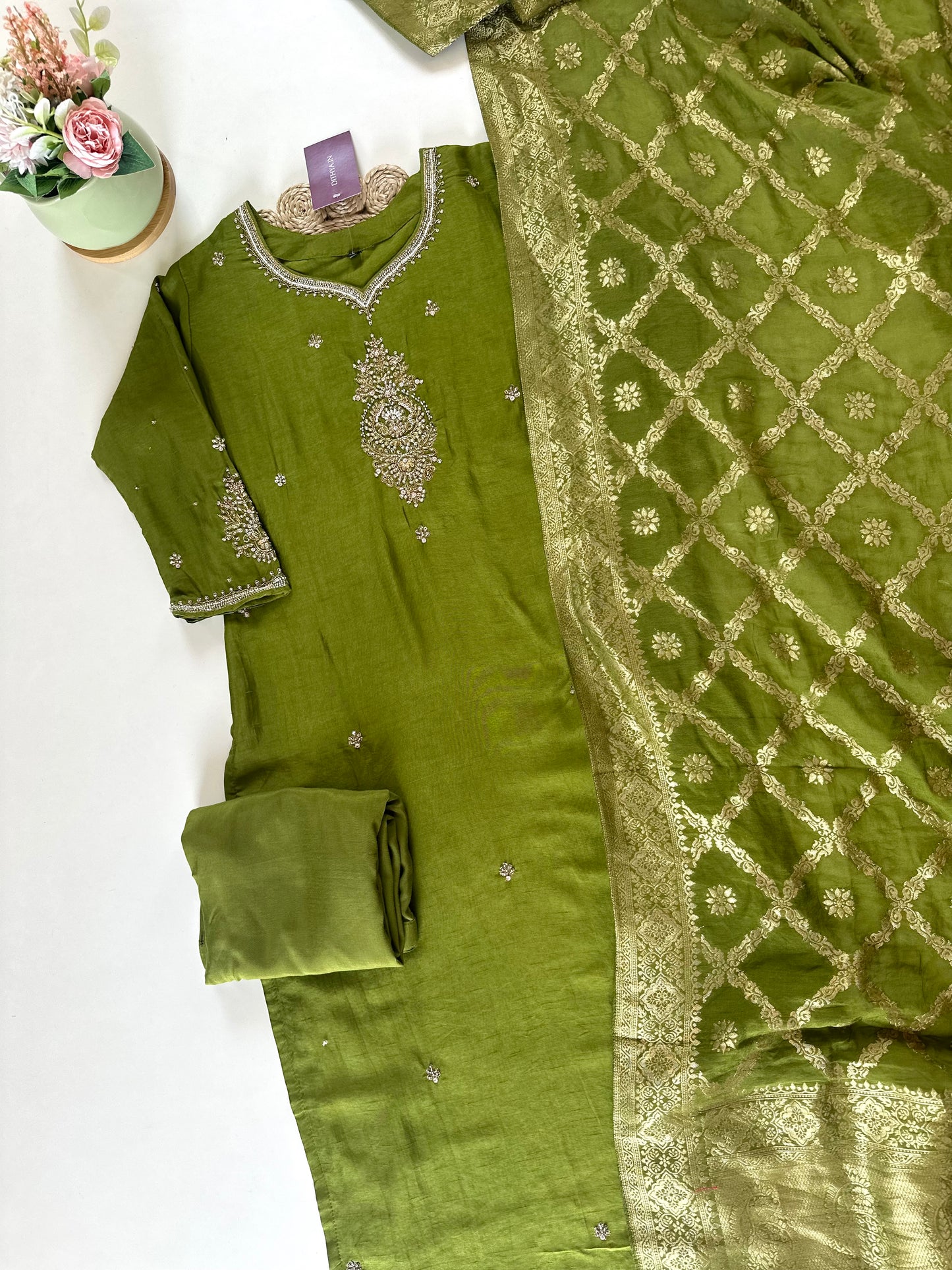 K037 - Russian silk Handwork straight kurti with pants and Banarasi silk dupatta .