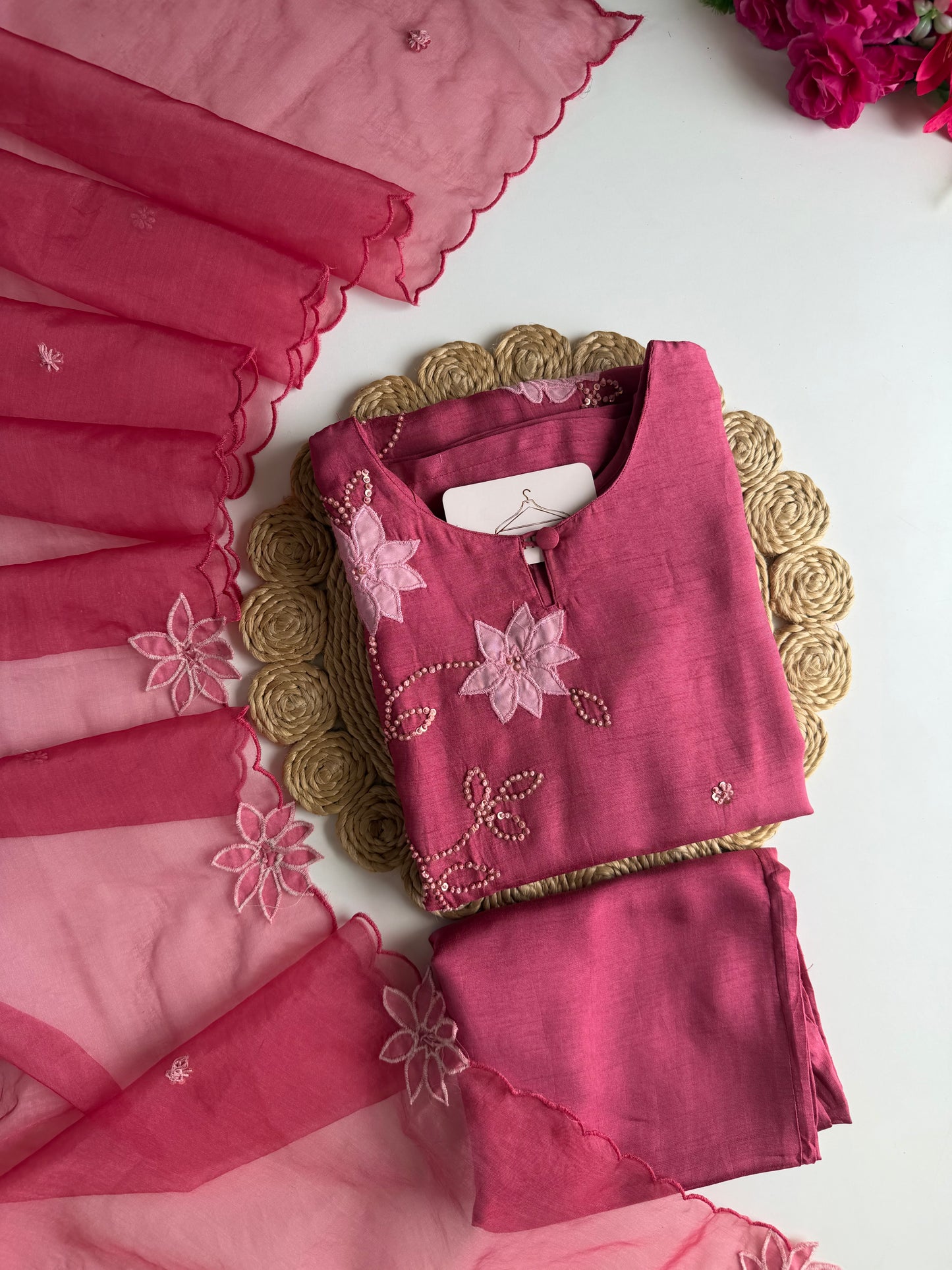 K119 - Russian silk appliqué handwork straight Kurti with pants and dupatta