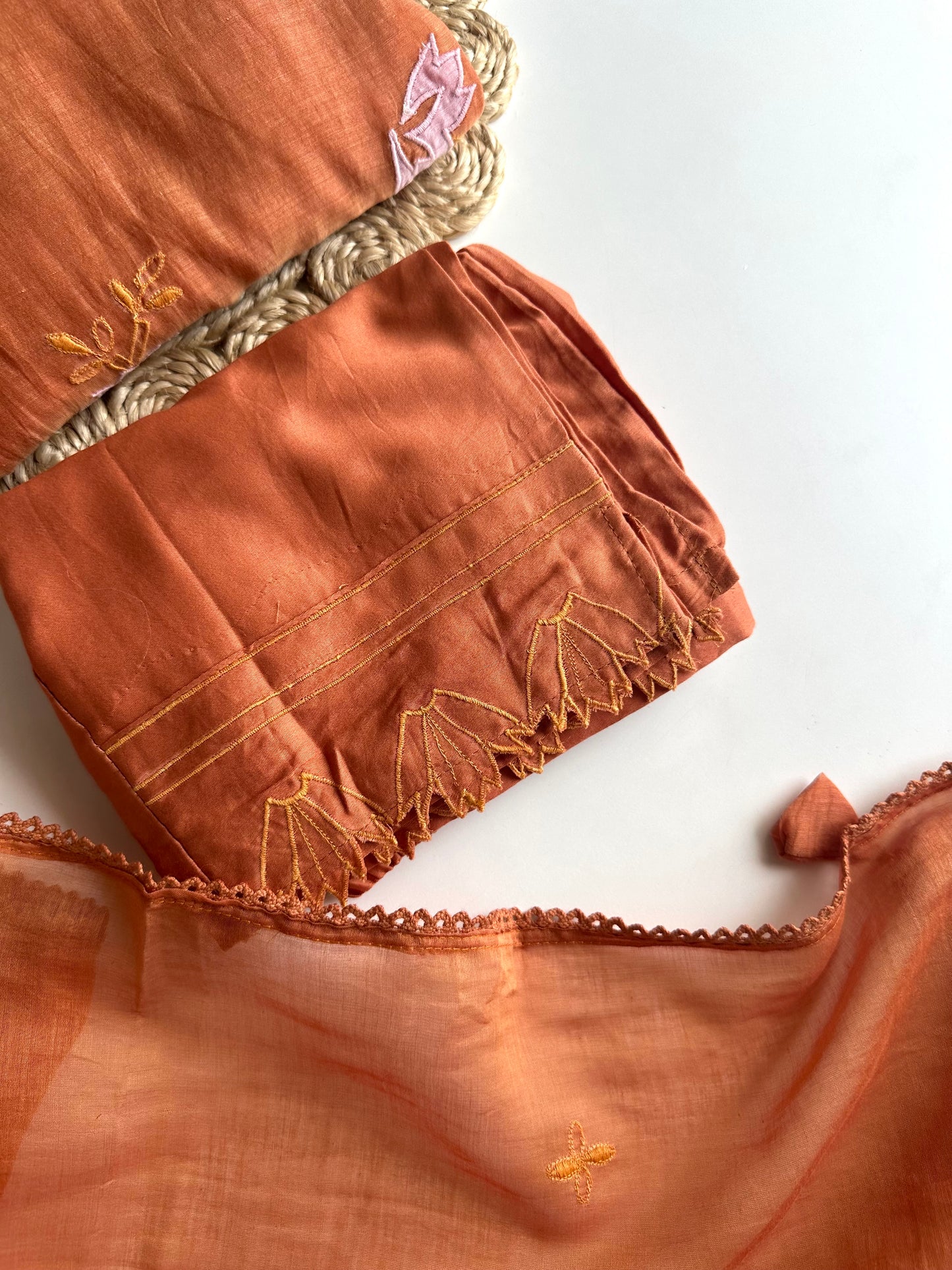K425 - Mul Chanderi appliqué work Aline Kurti with pants and dupatta