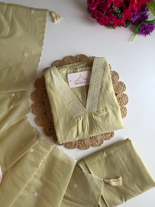K036 - Crushed Surat Mul chanderi embroidered Aline Kurti with pants and dupatta in 2 colours