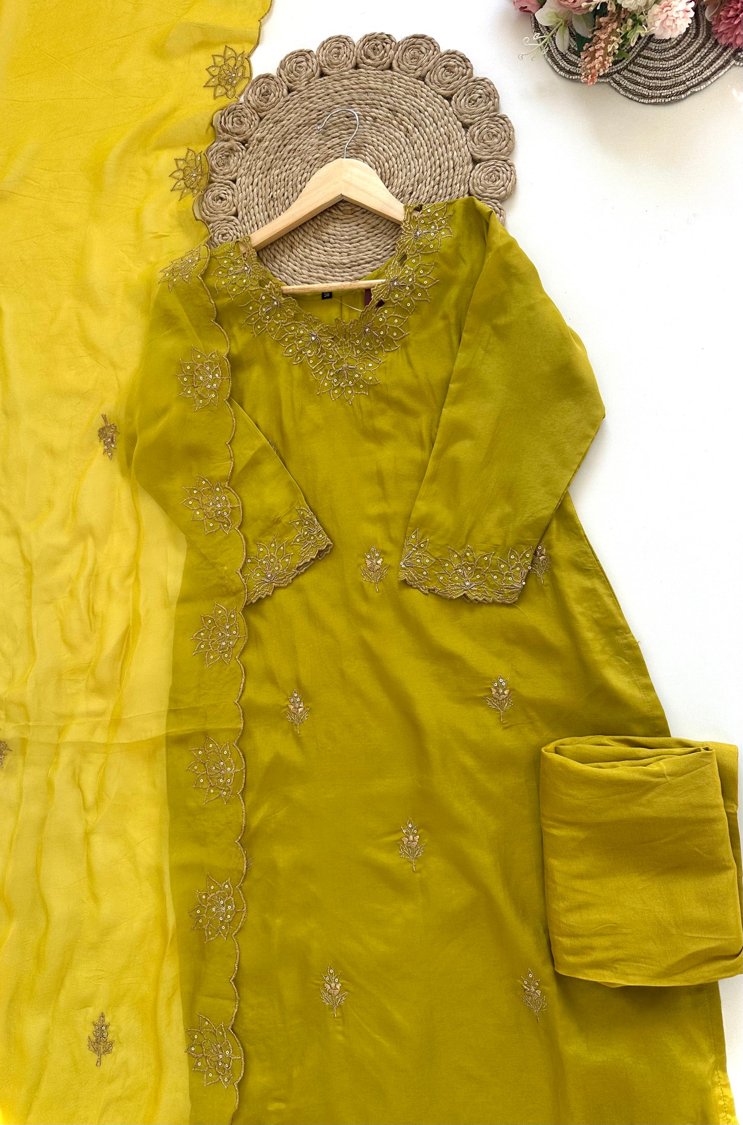 K195 - Zari work Russian silk straight kurti with pants and dupatta .