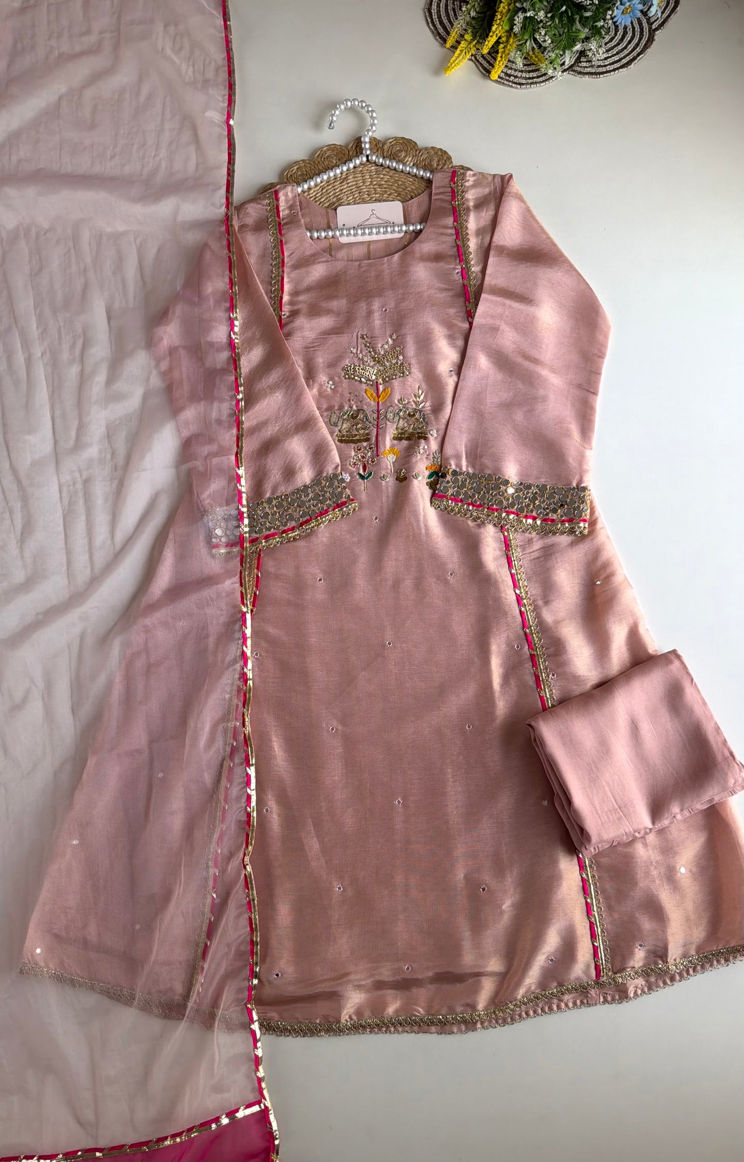 K655 - Tissue silk handwork Anarkali with pants and dupatta