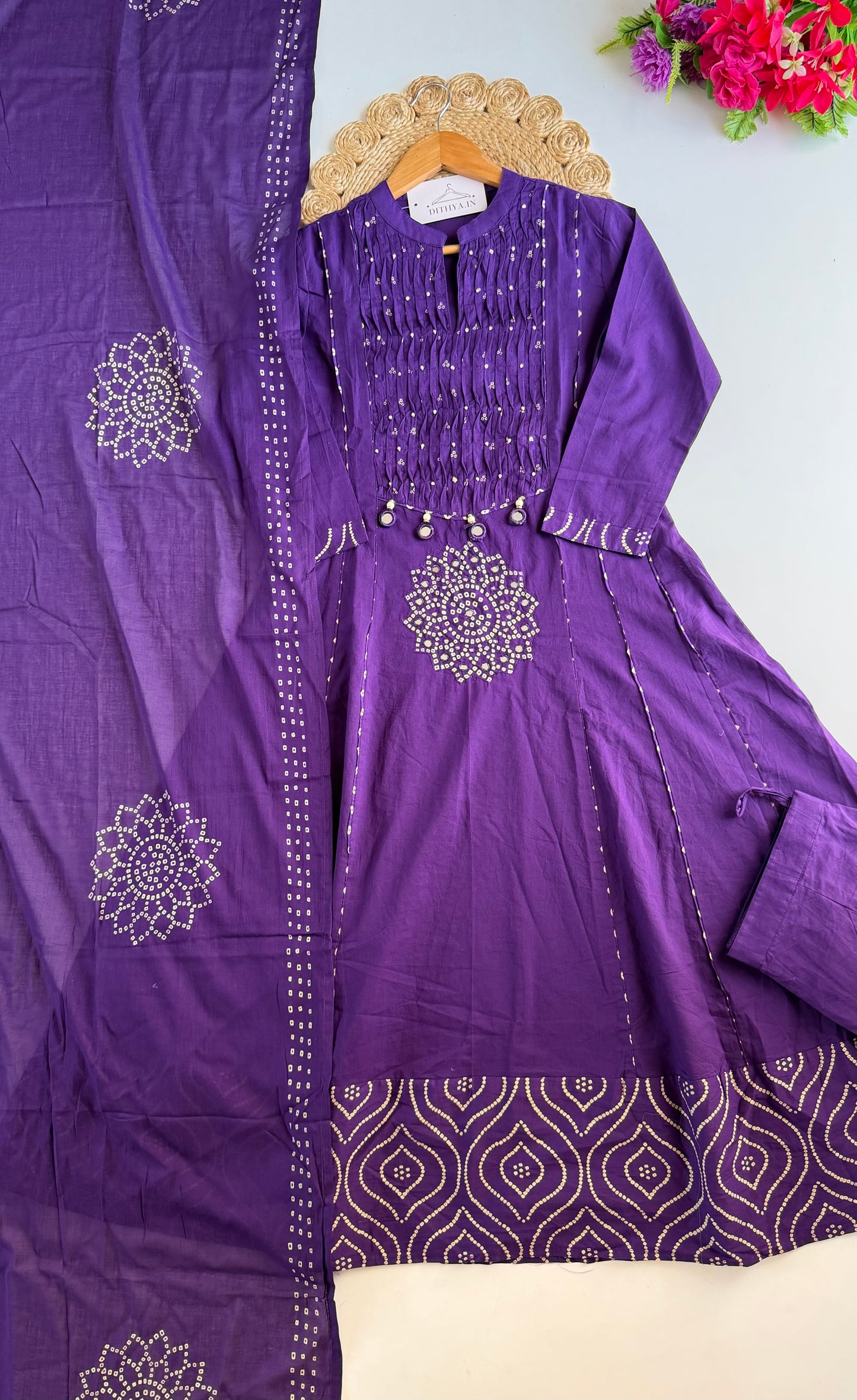 K273 - Mul cotton mirror work Anarkali with pants and dupatta in 4 colours