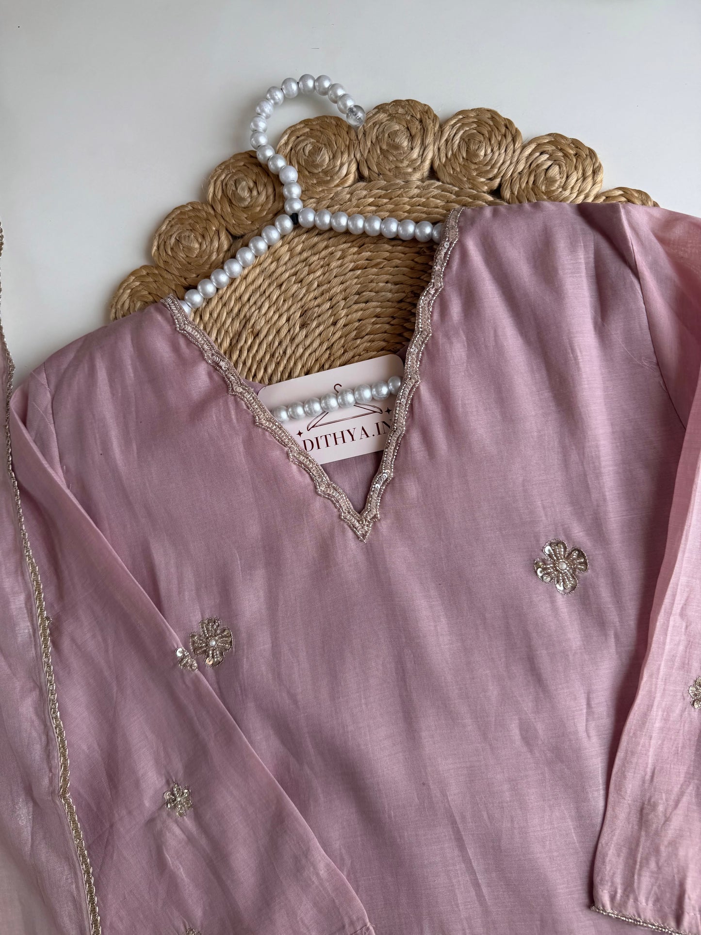 K245 - Mul chanderi handwork aline Kurti with pants and dupatta