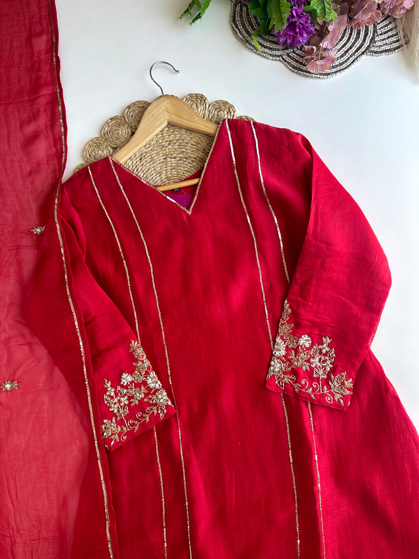 K070 - Mul Chanderi handwork Aline Kurti with pants and dupatta