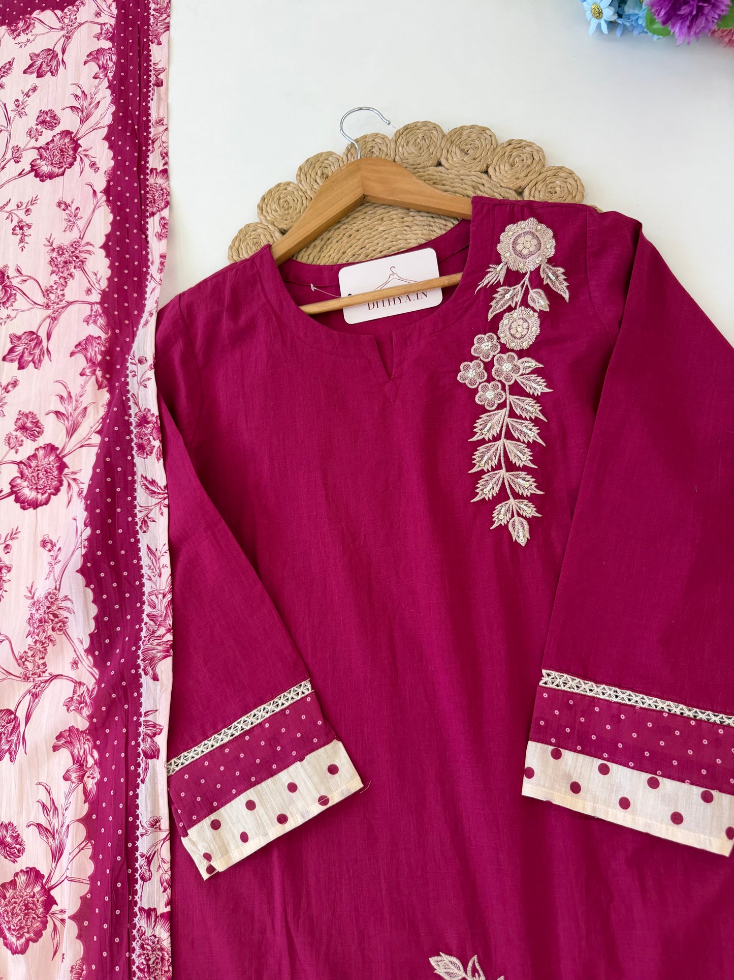 K594 - Mul cotton embroidered straight Kurti with pants and dupatta
