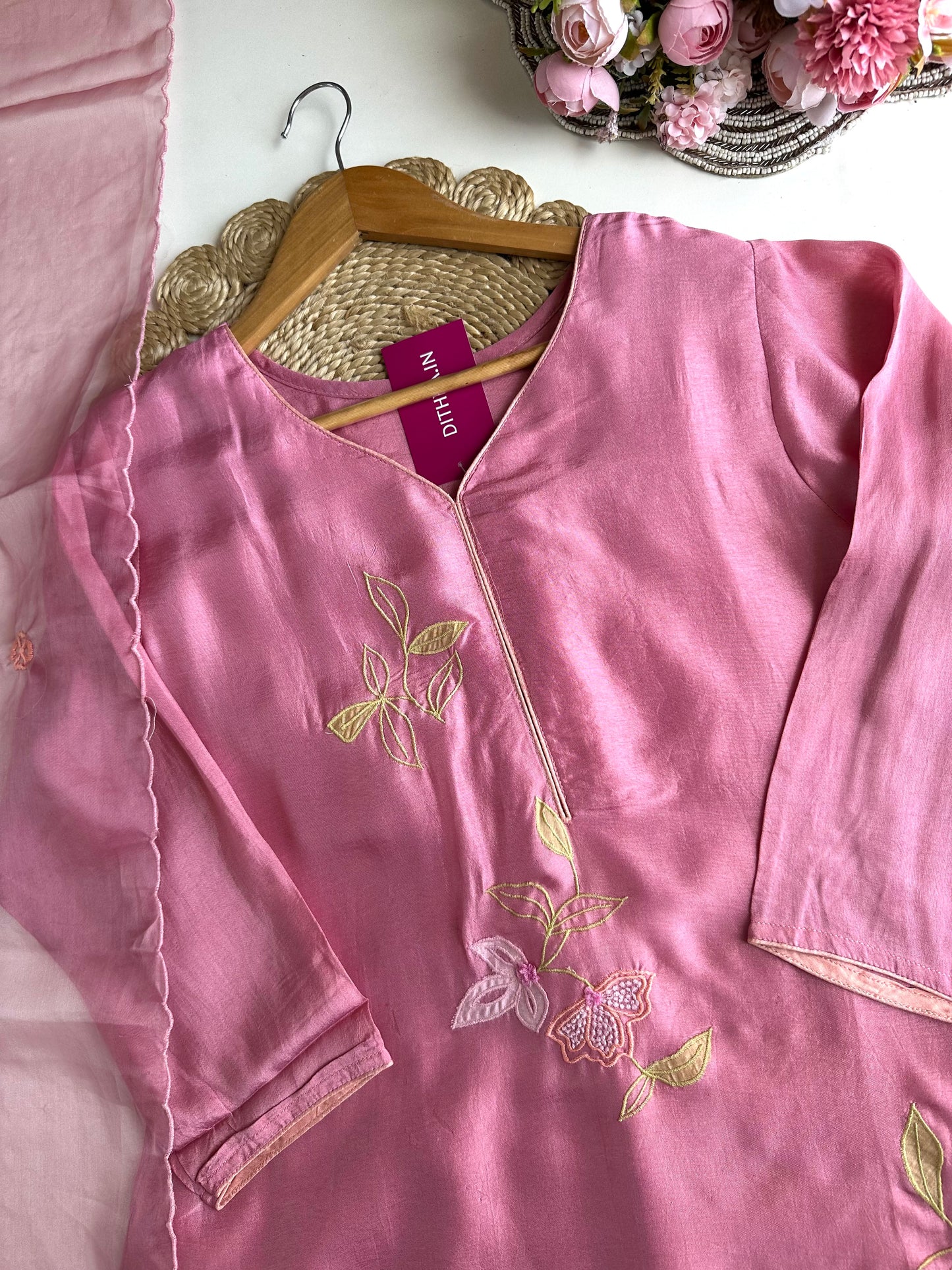 K360 - Mul Chanderi appliqué work Aline Kurti with pants and dupatta