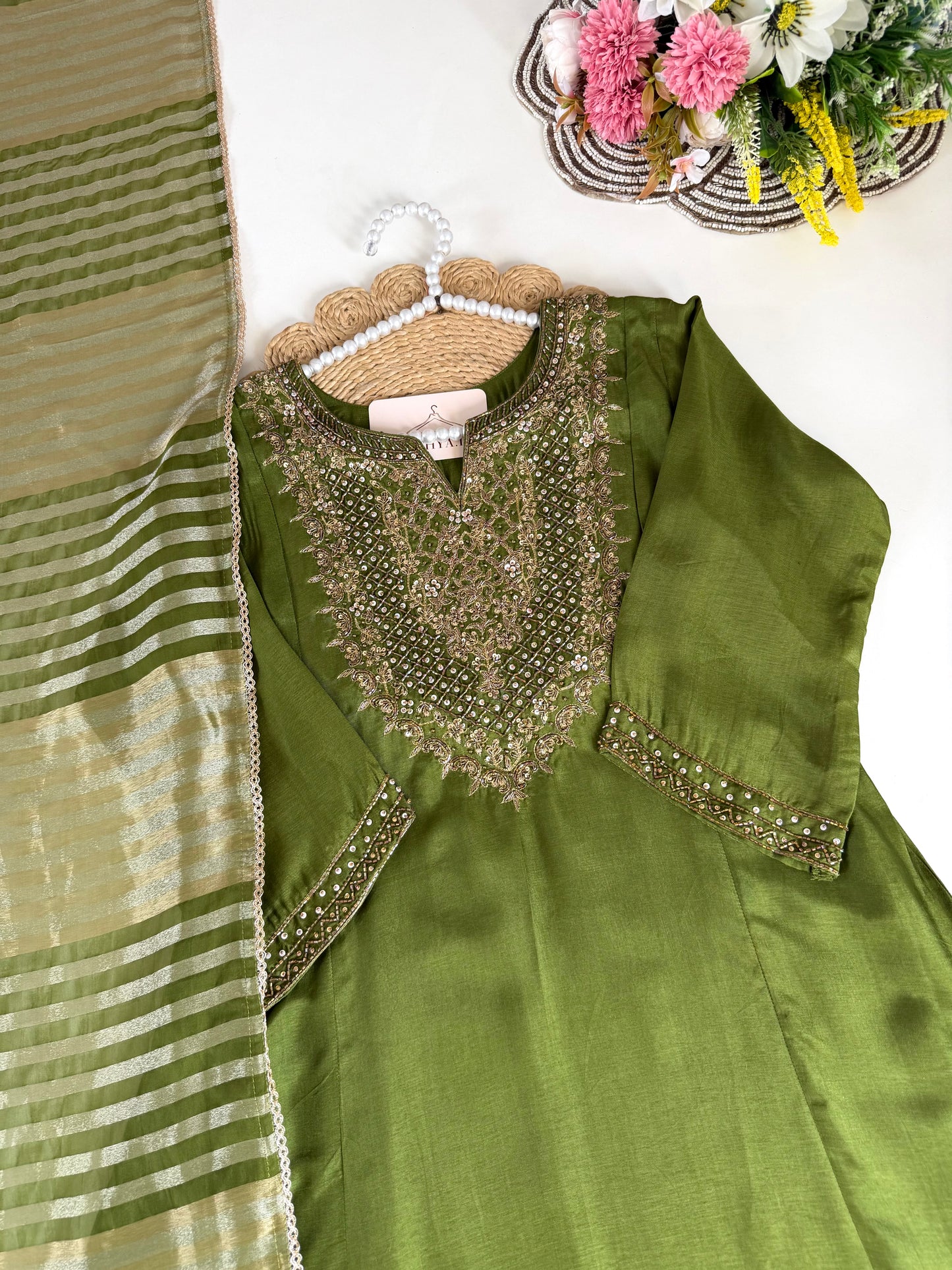 K675 - Russian silk handwork aline kurti with pants and dupatta