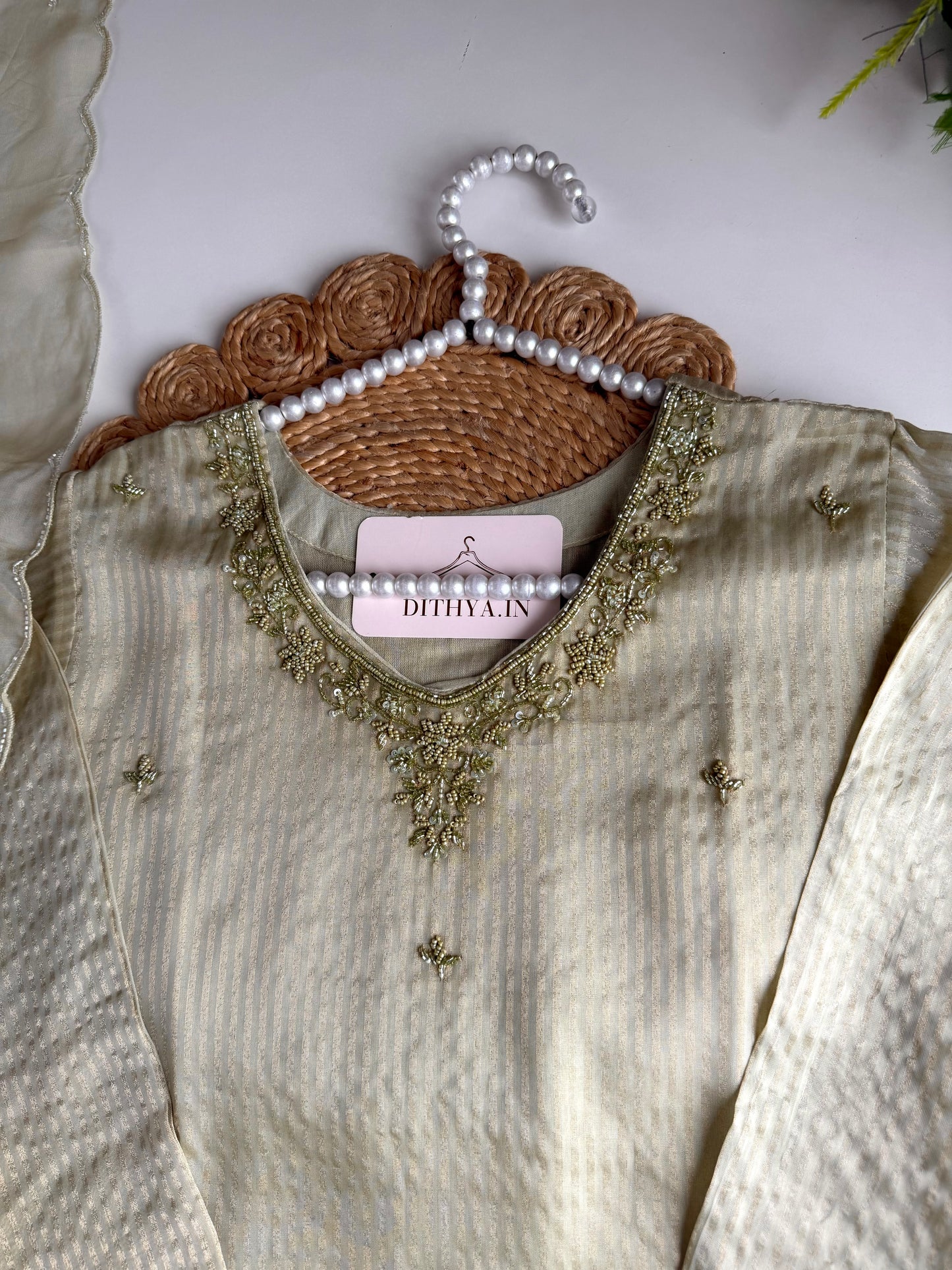 K217 - Crush tissue silk handwork aline Kurti with pants and dupatta