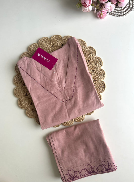 K438 - Linen cotton embroidered Aline Kurti with pants in 2 colours