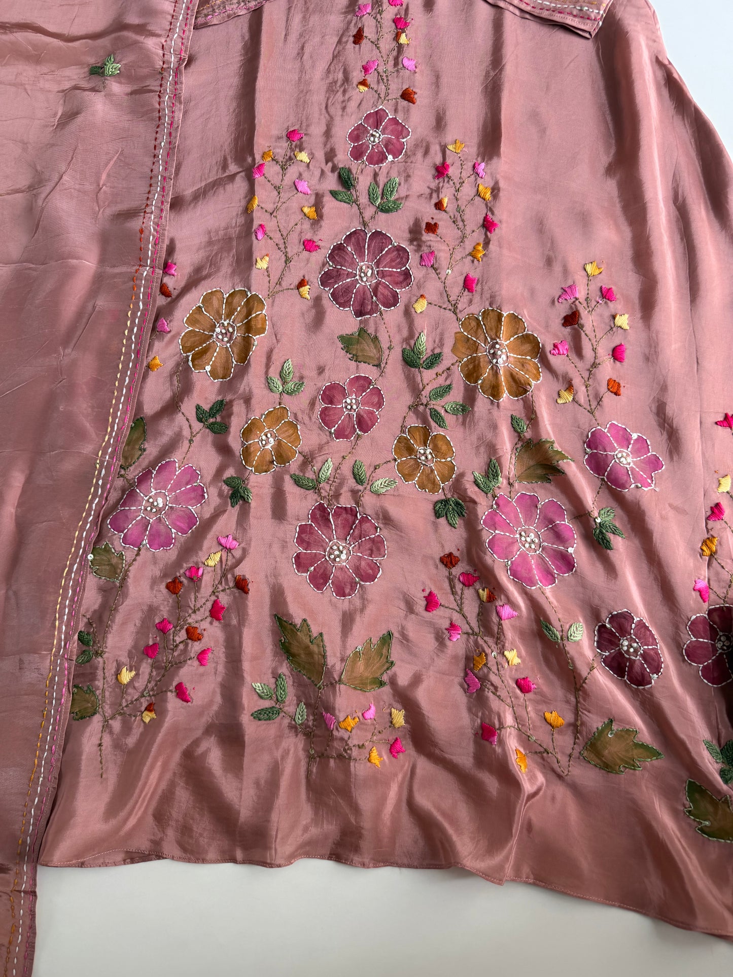 K644 - Pure crape embroidered Aline Kurti with pants and dupatta