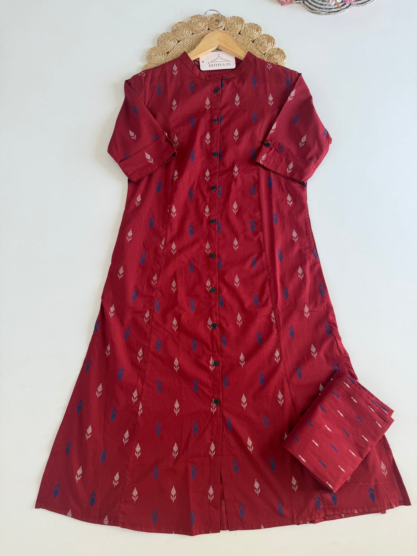 K429 - Linen cotton printed Aline Kurti with pants