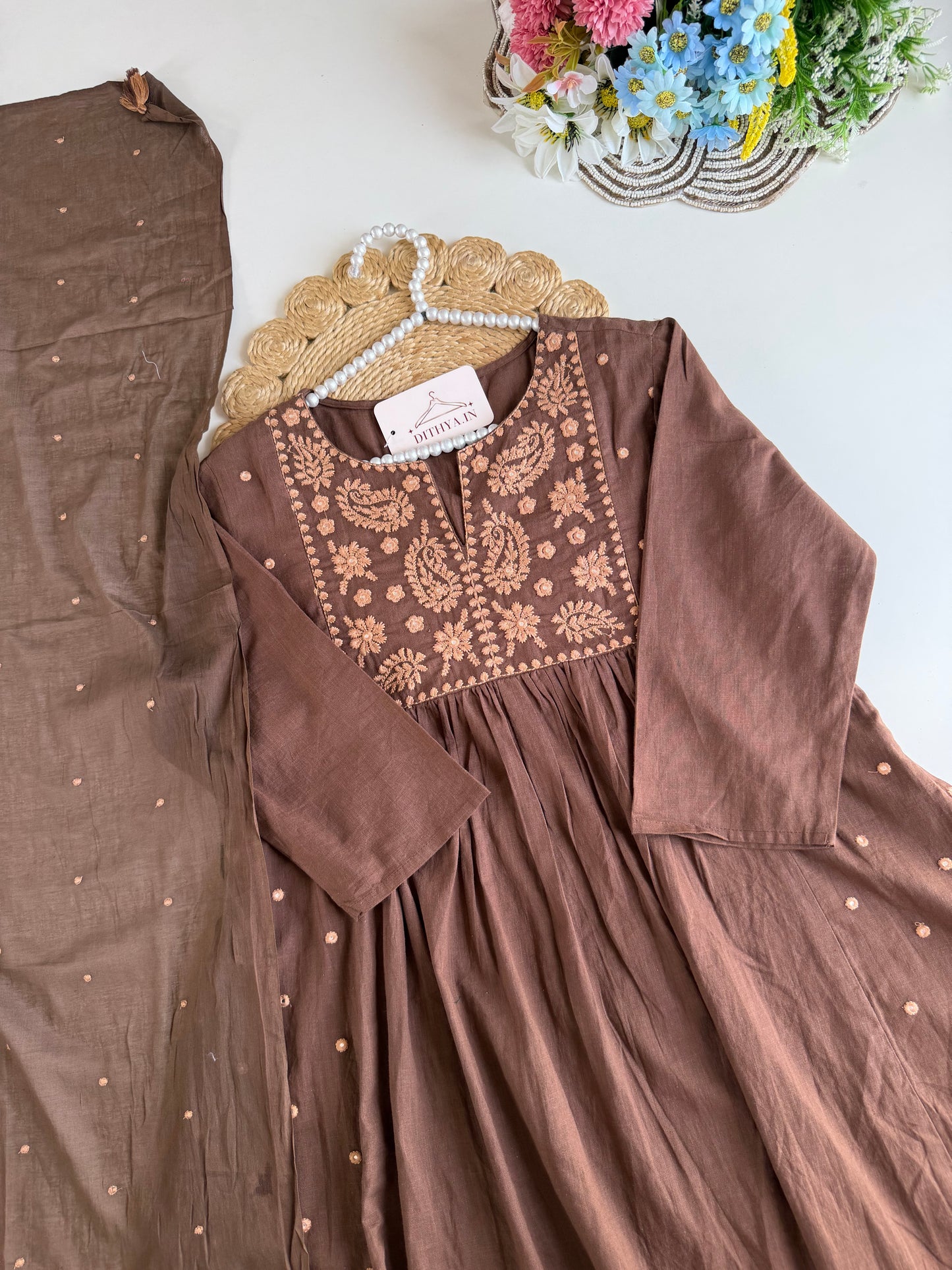 K632 - Mul cotton embroidered Anarkali with pants and dupatta