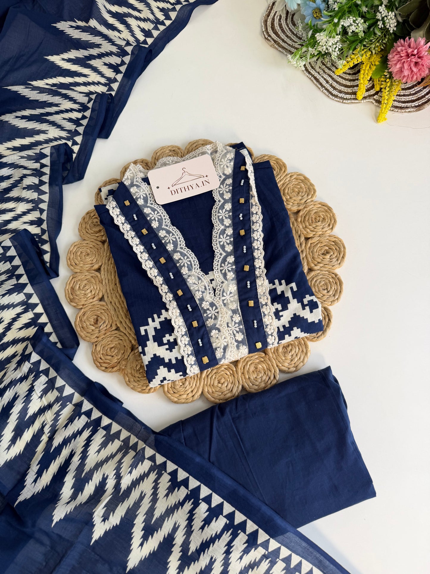 K648 - Mul cotton embroidered straight Kurti with pants and dupatta