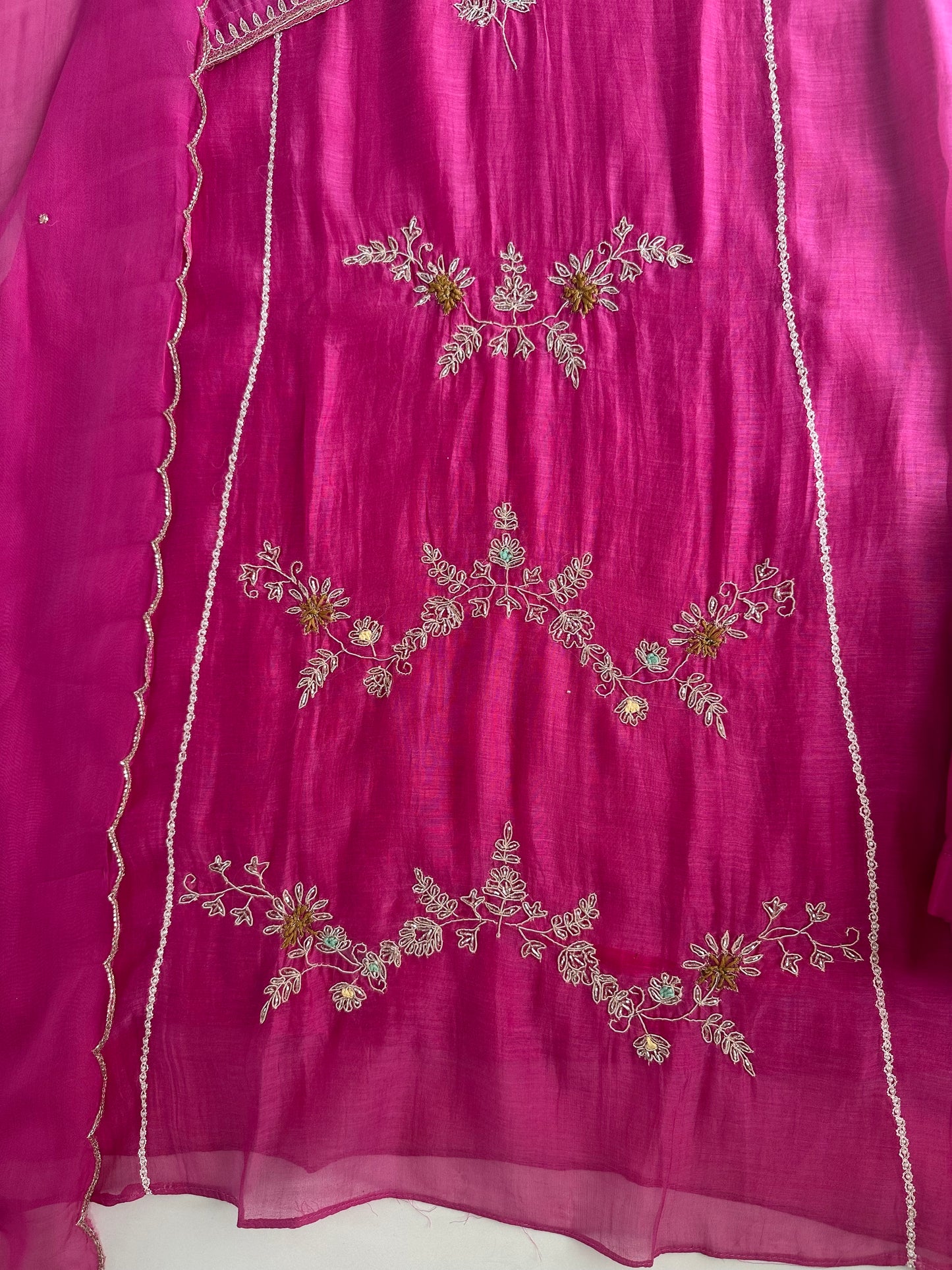 K477 - Mul Chanderi handwork Aline Kurti with pants and dupatta