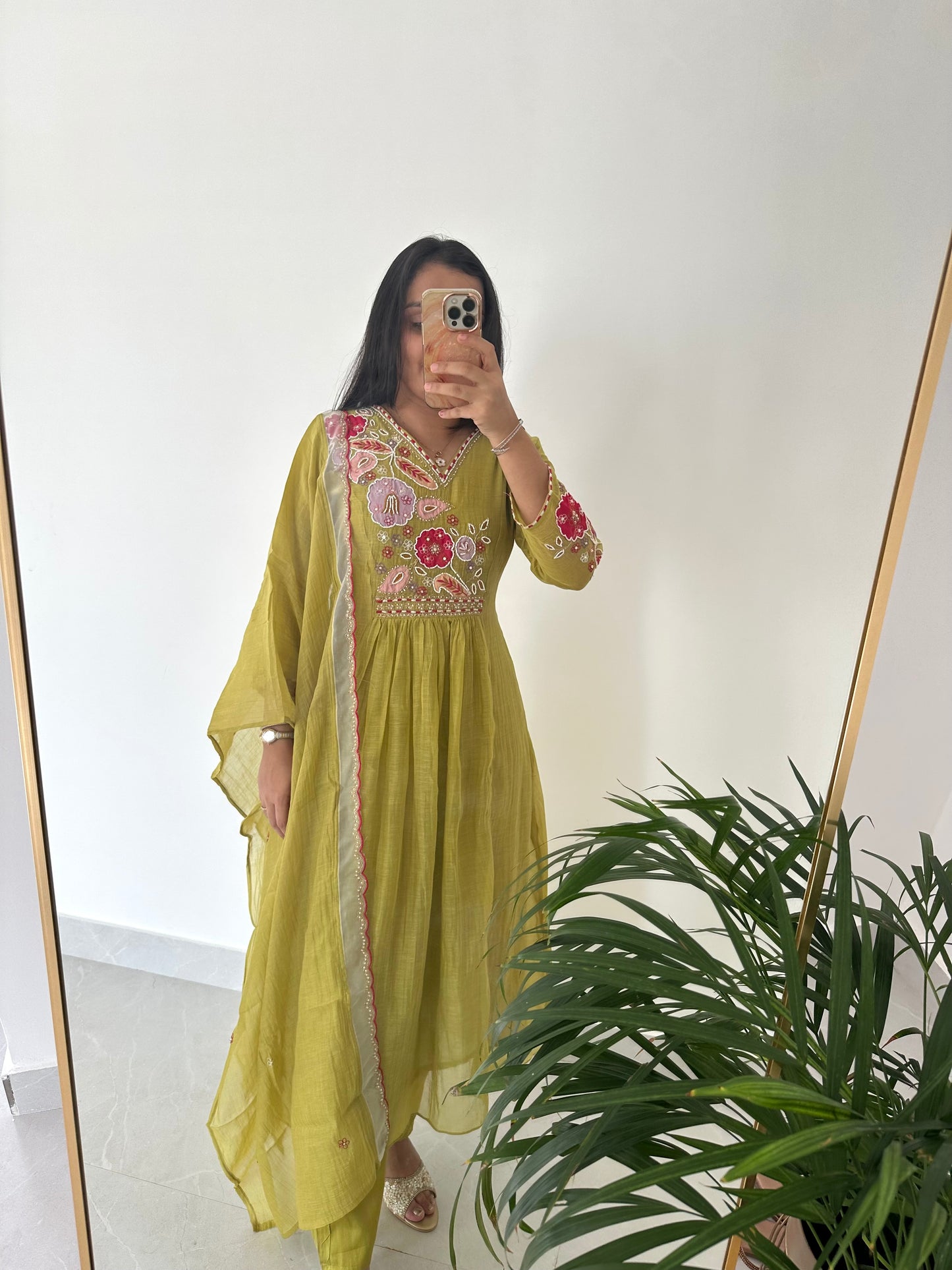 K366 - Mul Chanderi handwork Anarkali with pants and dupatta