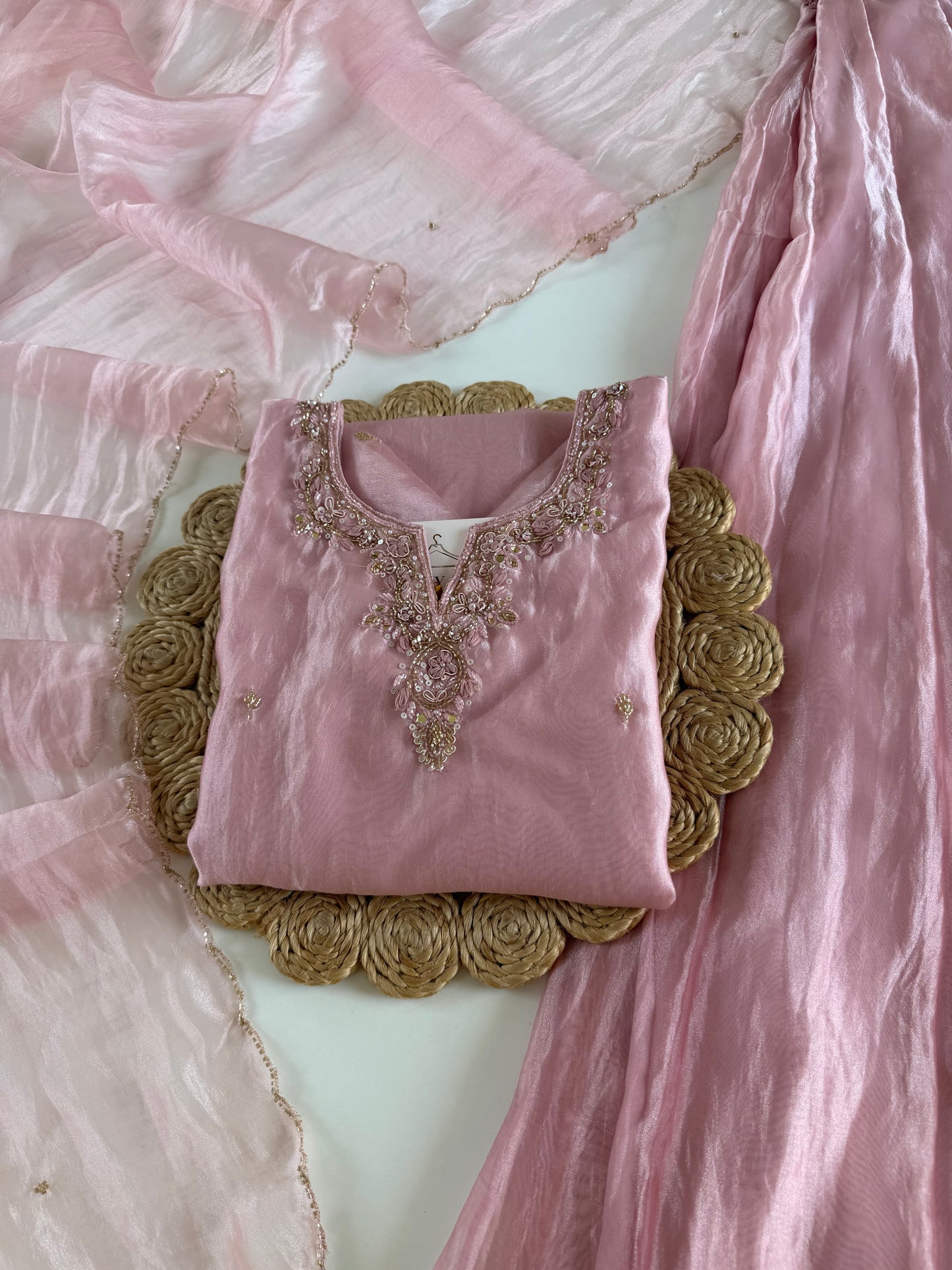 K391 - Glass tissue silk handwork short Kurti with divider pants and dupatta