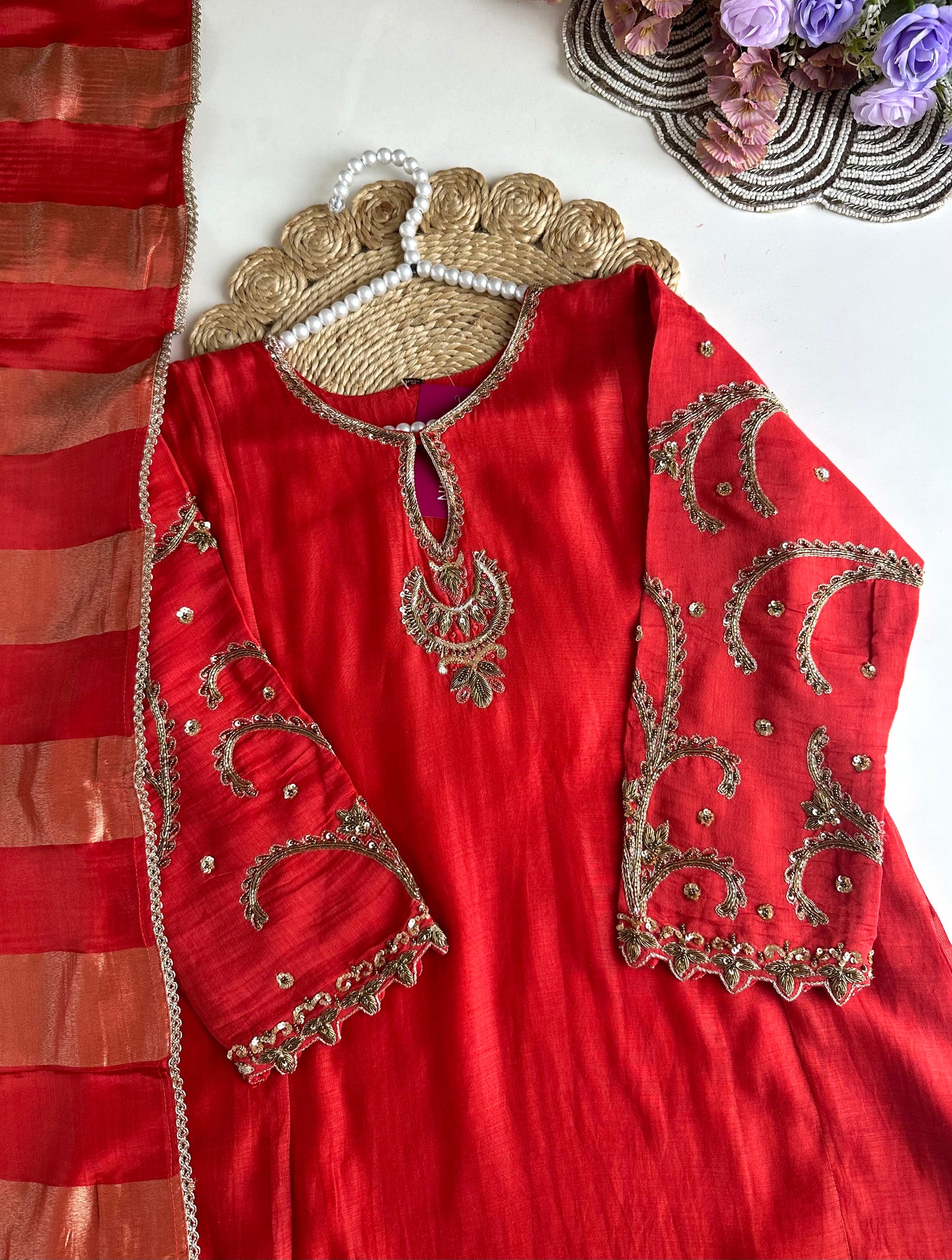 K035 - Mul Chanderi Handwork Aline Kurti with pants and dupatta