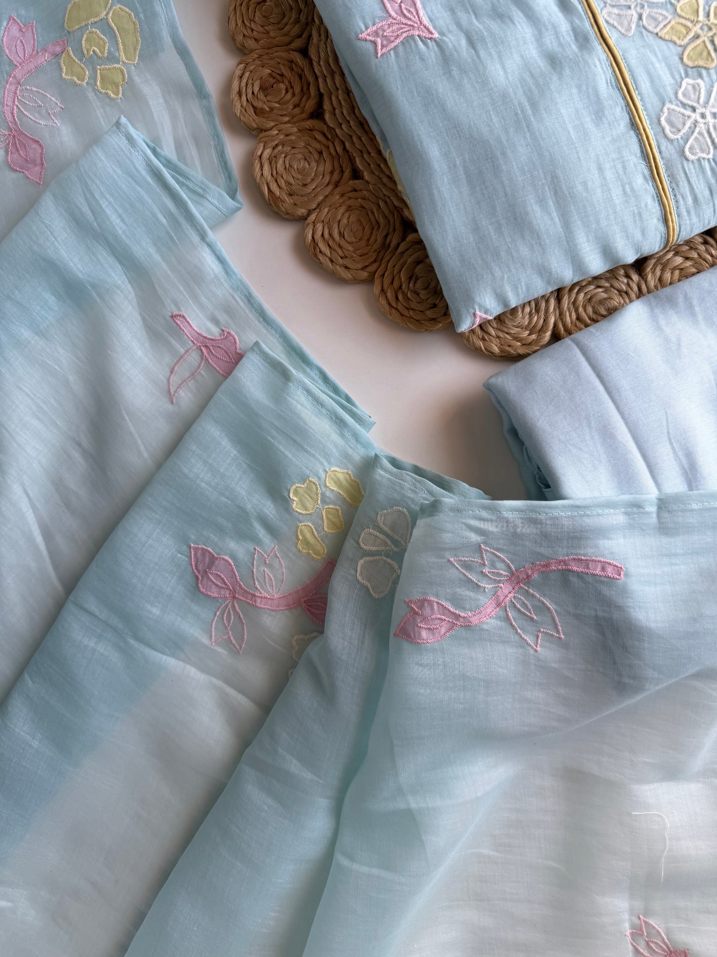 K687 - Mul chanderi appliqué work straight Kurti with pants and dupatta