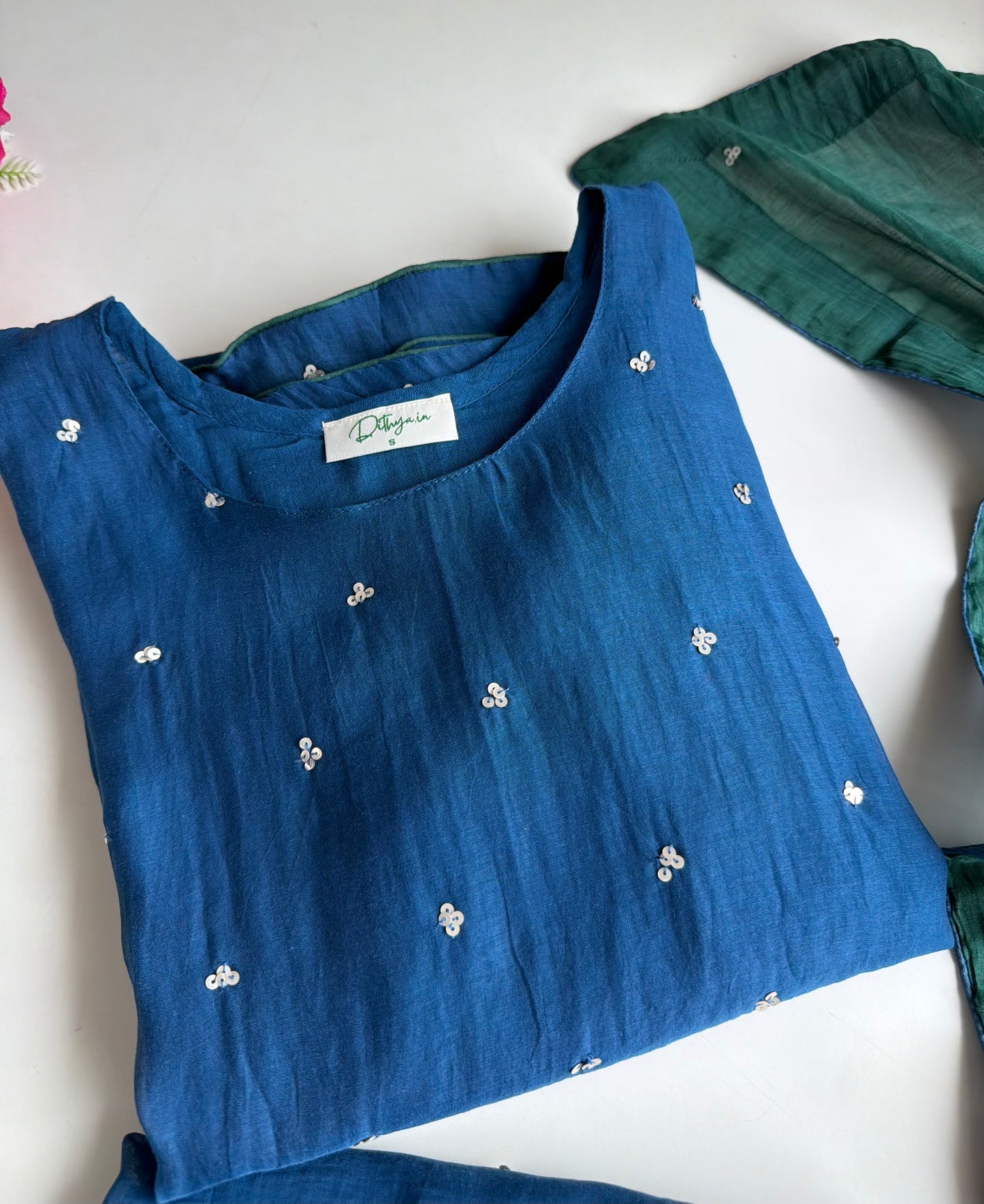 K345 - Mul chanderi handwork aline Kurti with pants and dupatta in 2 colours