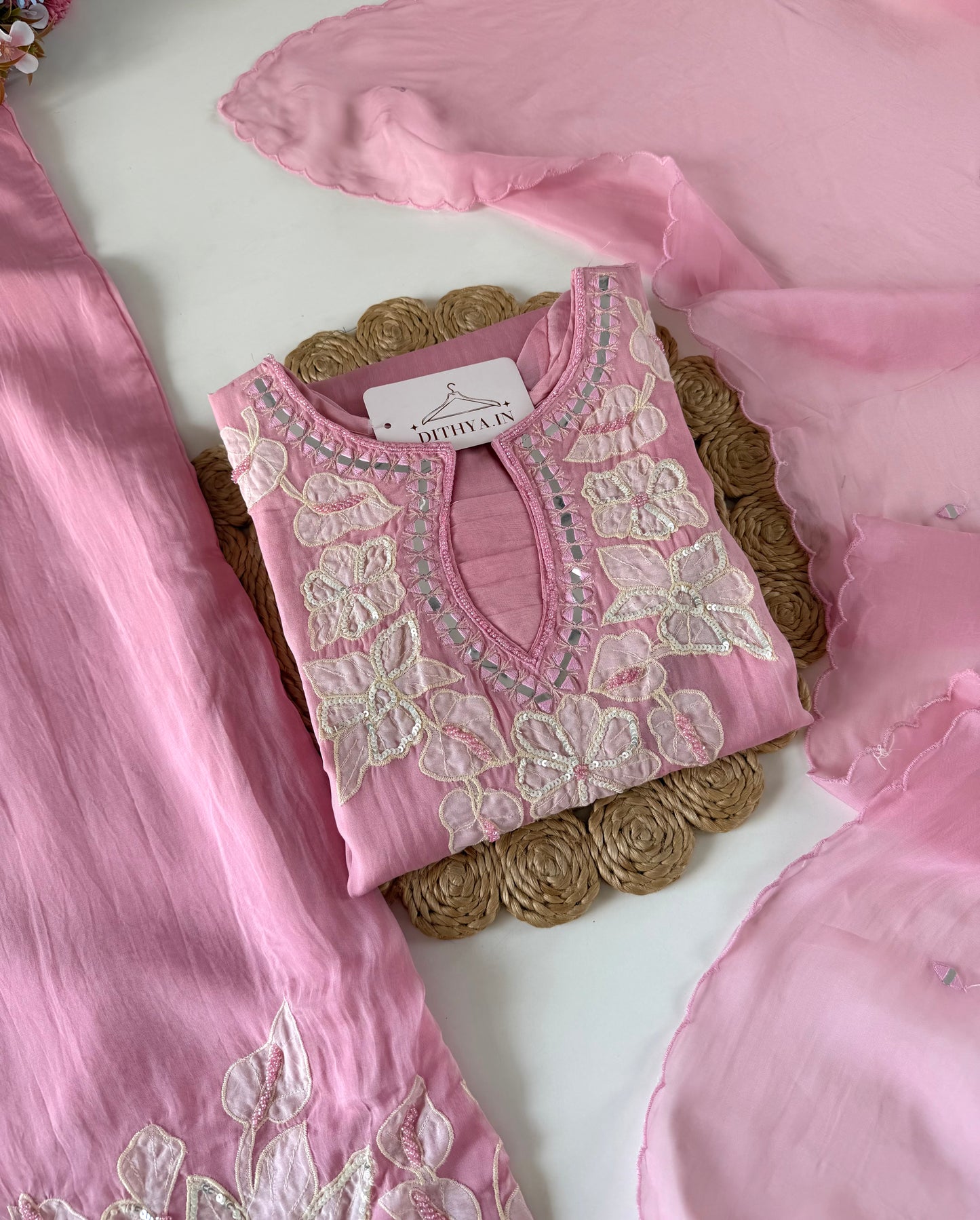 K046 - Viscose organza appliqué handwork short Kurti with divider pants and dupatta