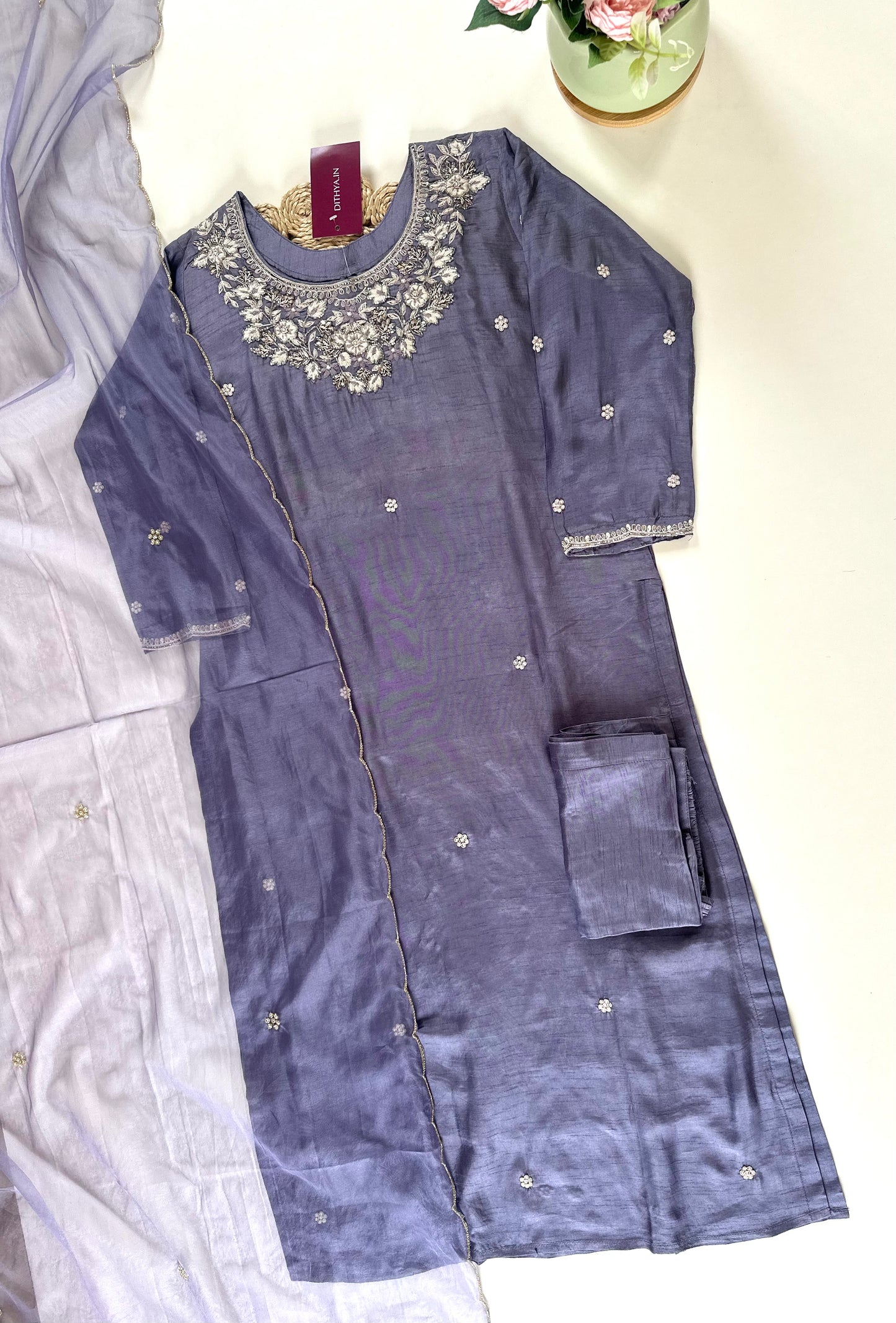 K267 - Dola silk Handwork straight kurti with pants and dupatta.