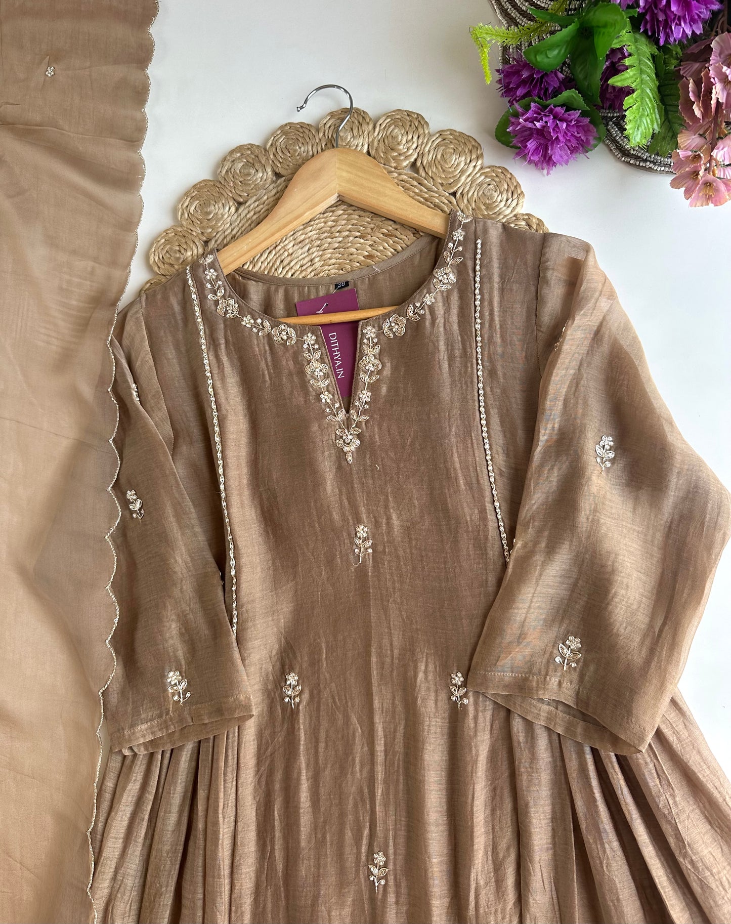 K160 - Mul Chanderi handwork Aline Kurti with pants and dupatta