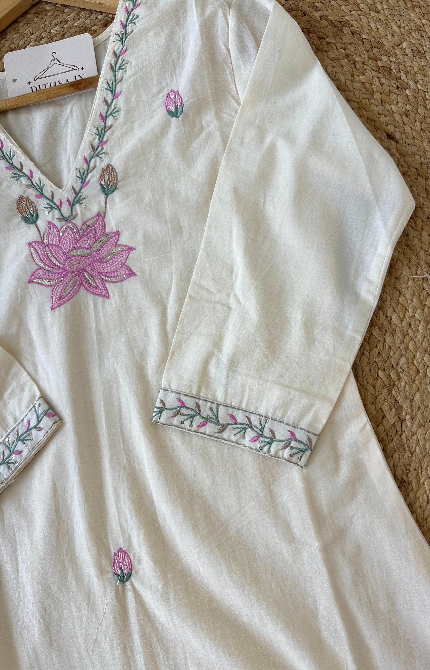 K484 - Mul cotton embroidered straight Kurti with pants and dupatta