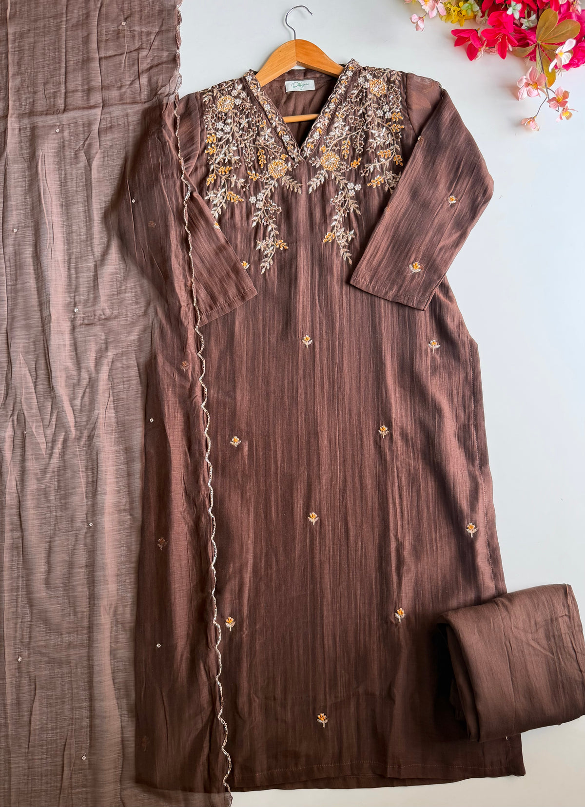 K122 - Mul chanderi handwork straight Kurti with pants and dupatta