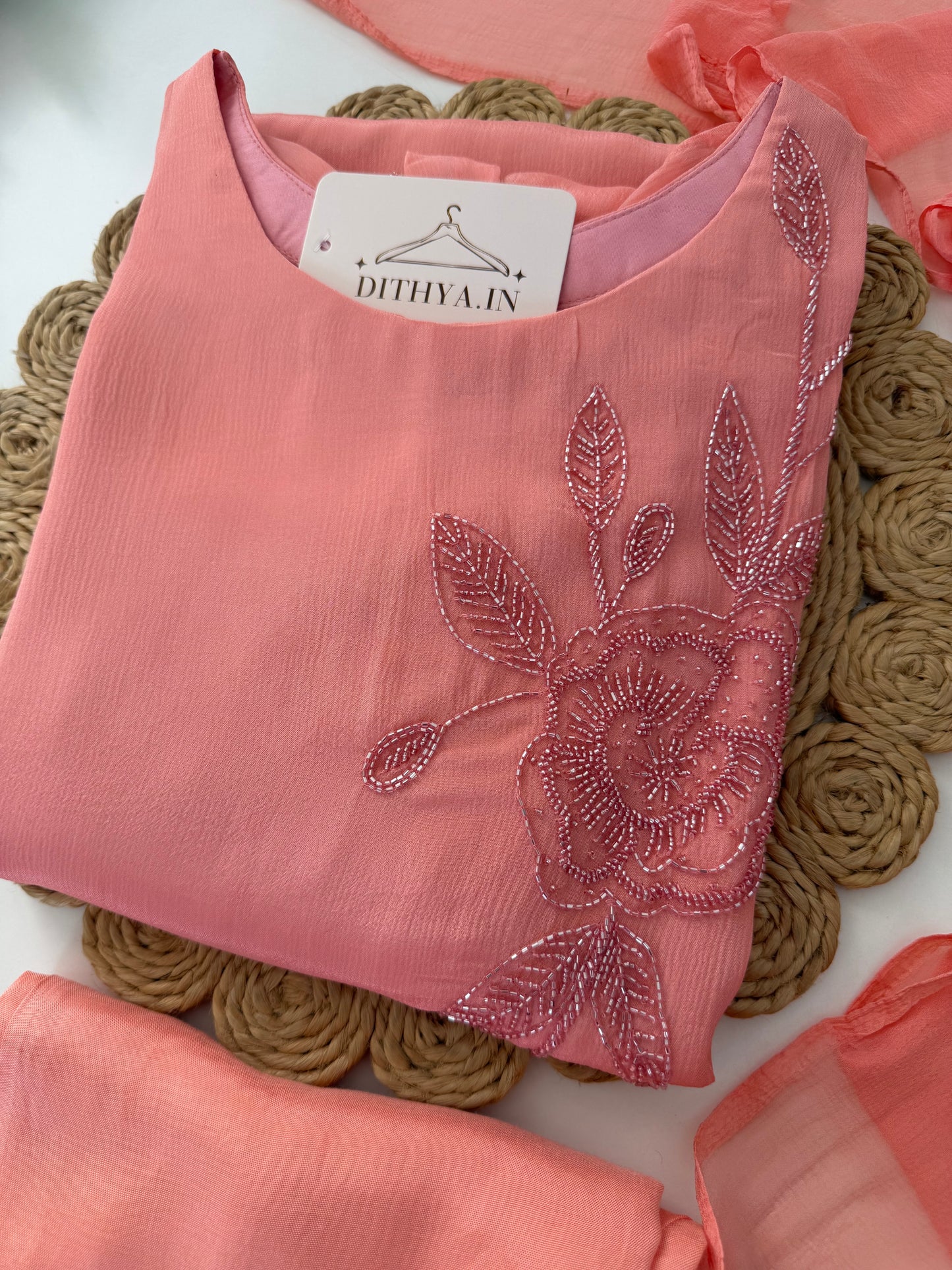 K057 - Pure Chinnon Handwork Aline Kurti with pants and dupatta