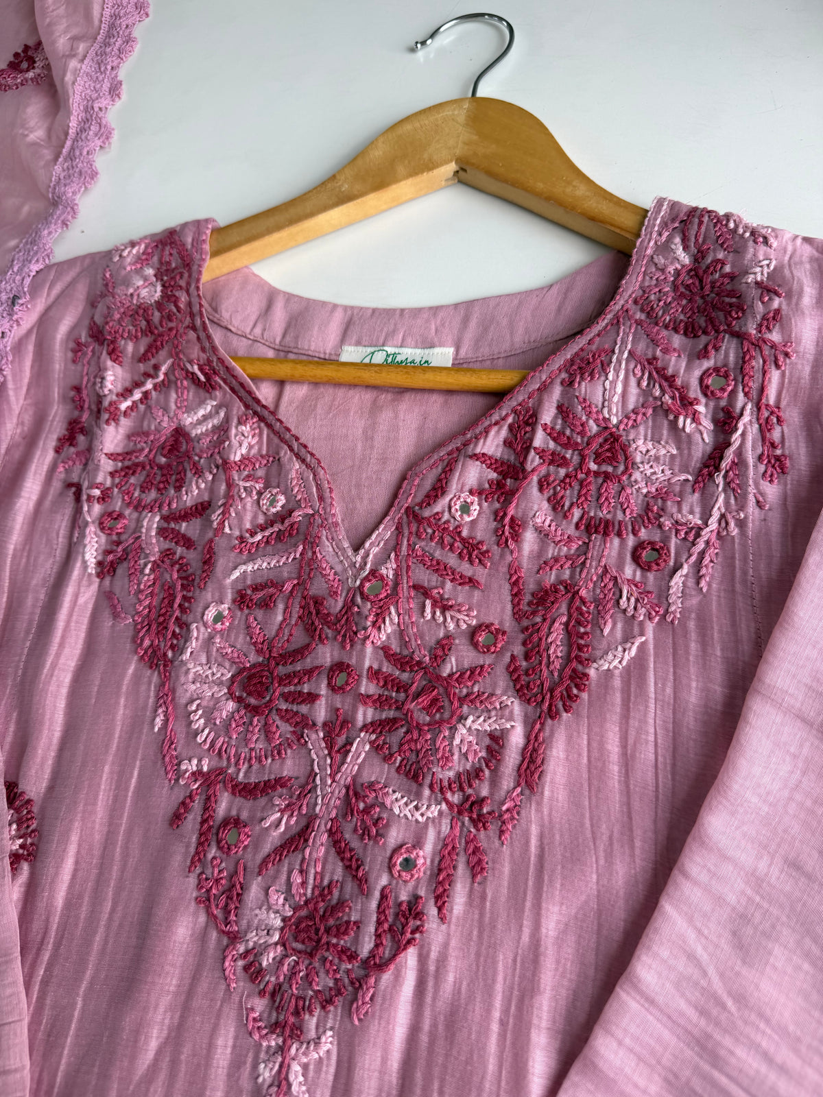K614 - Mul chanderi embroidered Aline Kurti with pants and dupatta