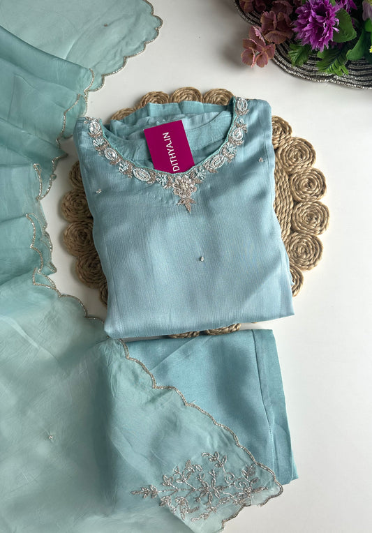 K019 - Chinnon heavy handwork Anarkali with pants and dupatta