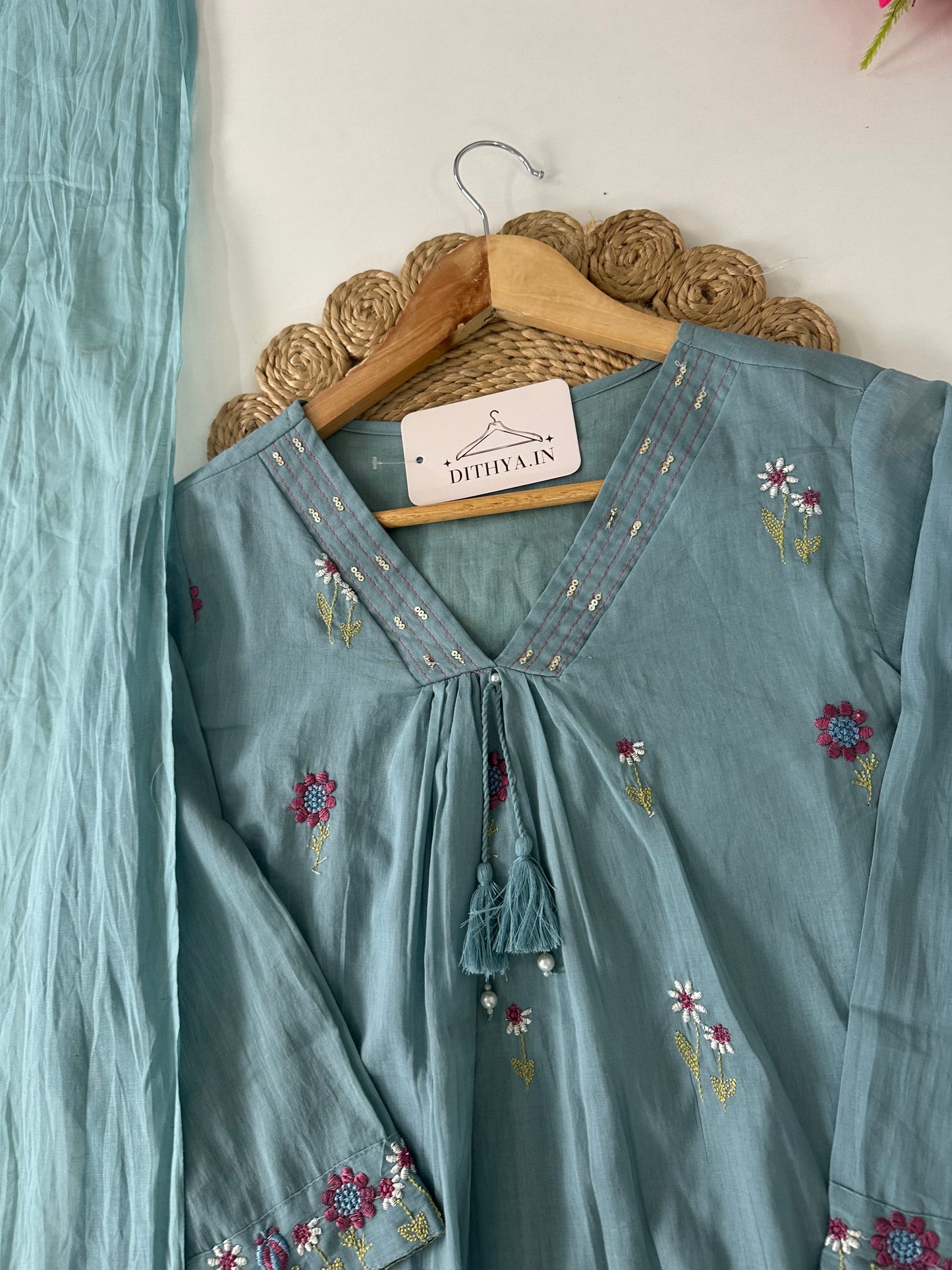 K395 - Mul cotton embroidered Aline Kurti with pants and dupatta in 3 colours