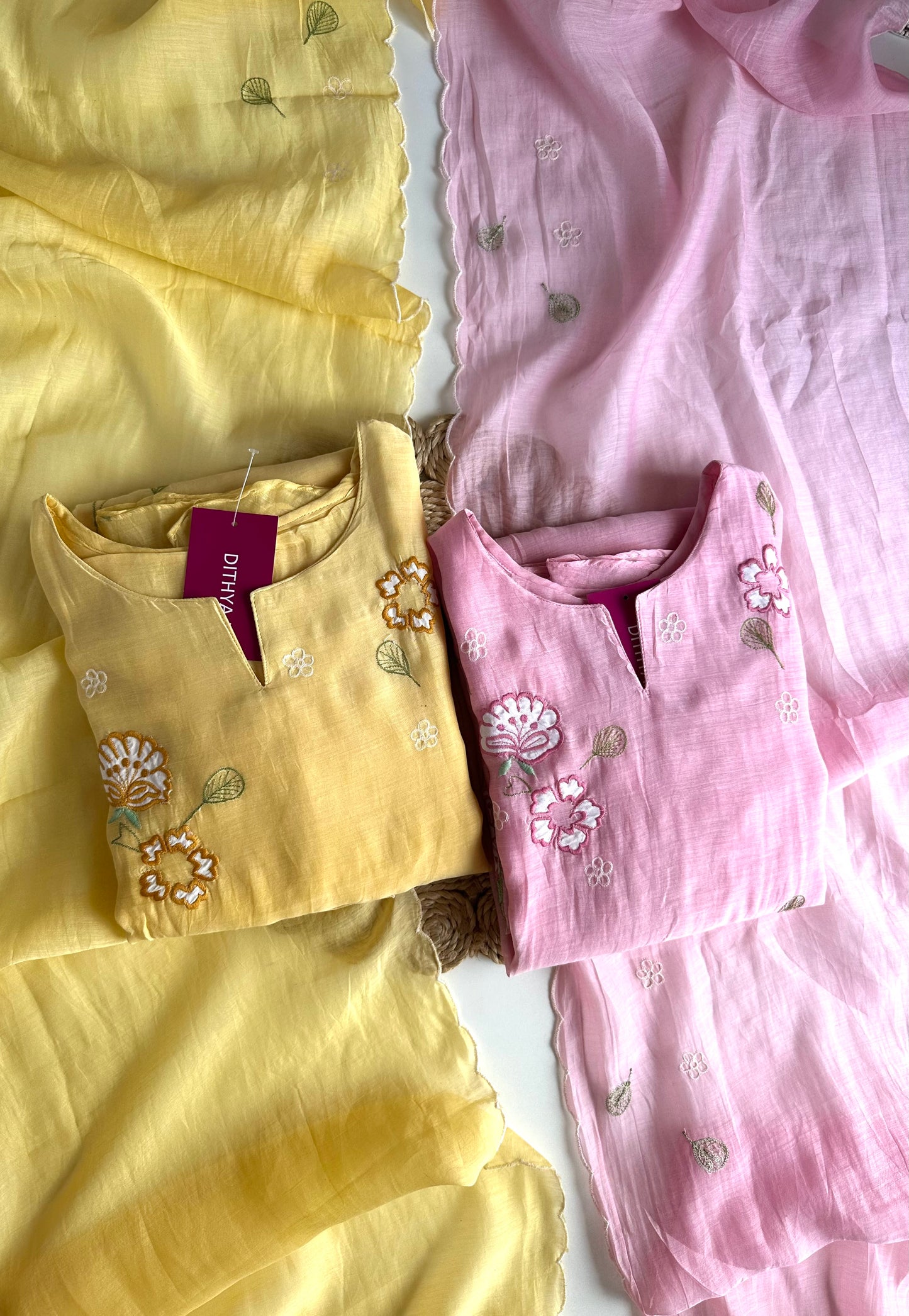 K086 - Mul Chanderi Appliqué work Aline Kurti with pants and dupatta