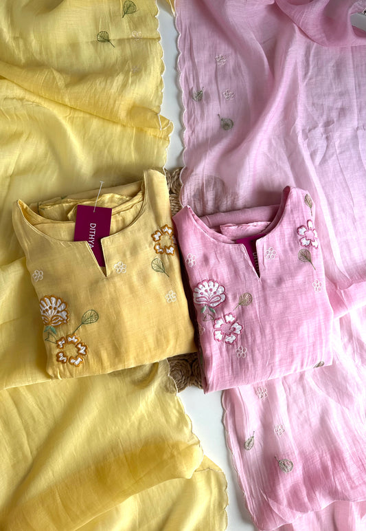 K086 - Mul Chanderi Appliqué work Aline Kurti with pants and dupatta
