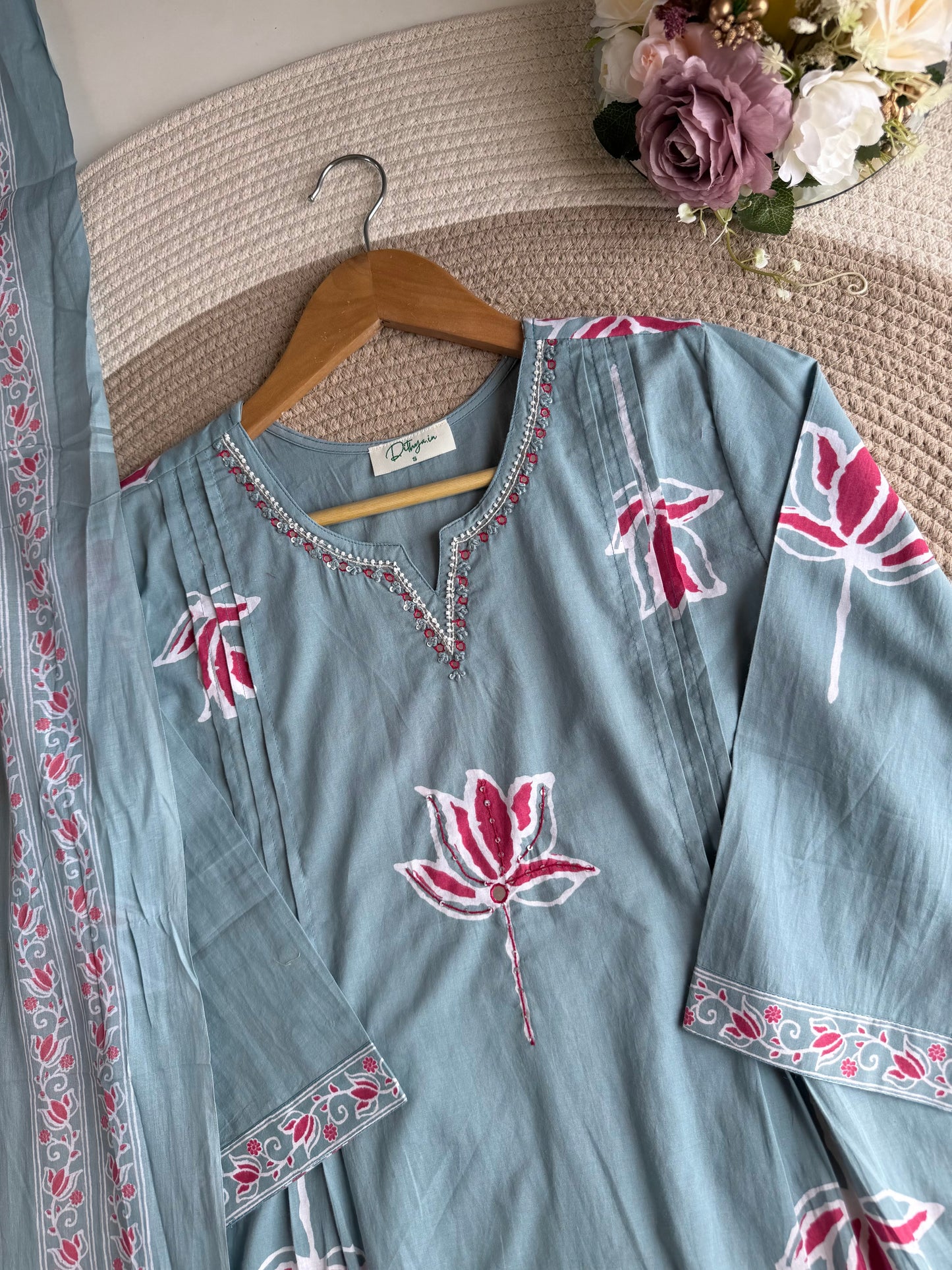 K164 - Mul cotton embroidered Aline Kurti with pants and dupatta in 3 colours