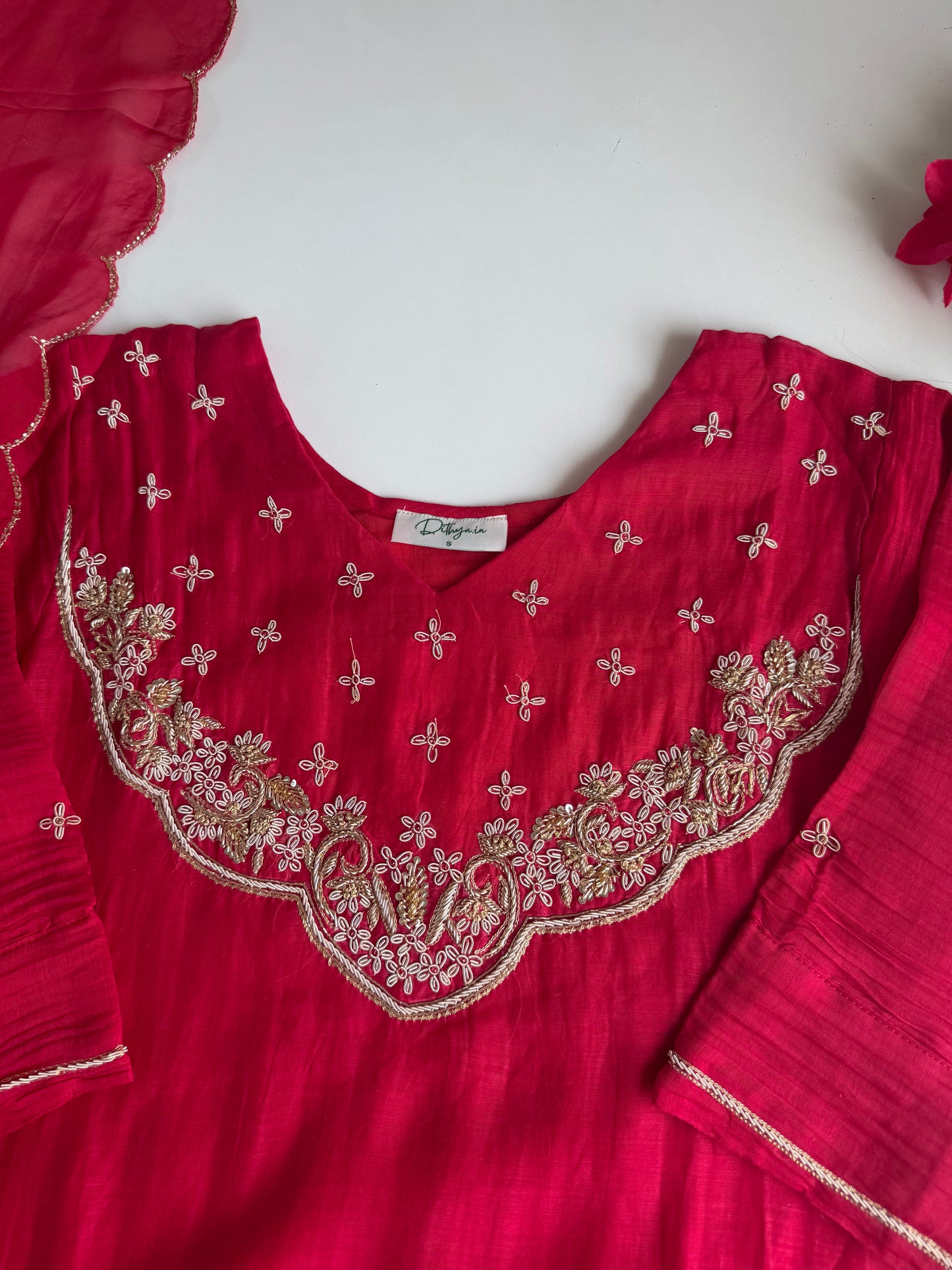 K328 - Mul chanderi handwork aline Kurti with pants and dupatta in 2 colours