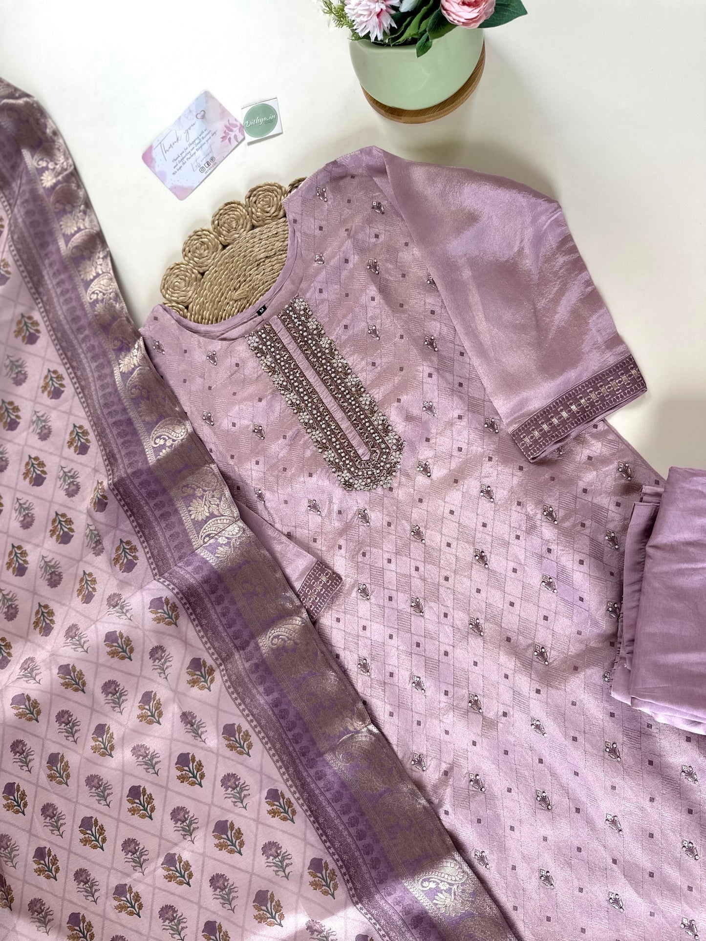 K257 - Shimmer Tissue silk handwork straight kurti with pants and silk dupatta .