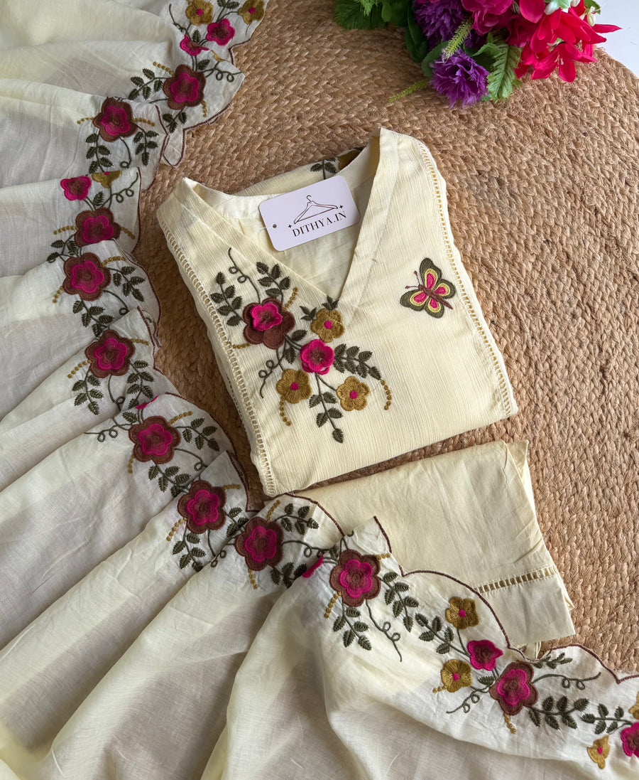 K018 - Crushed cotton 3D embroidered Anarkali with pants and dupatta