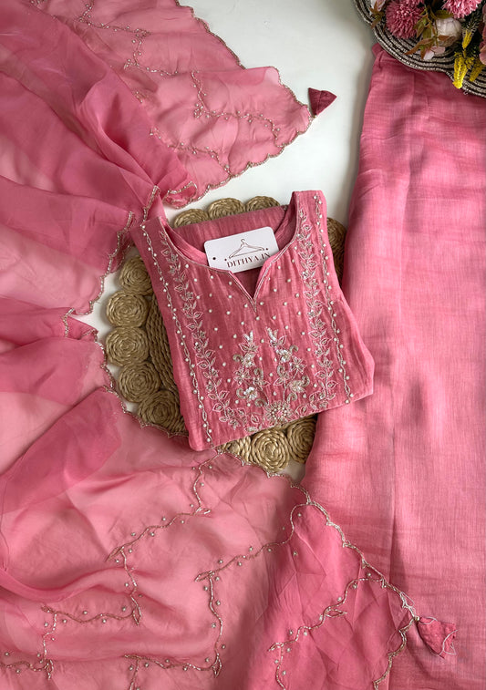 K195 - Mul Chanderi handwork Short Kurti with palazzo and dupatta