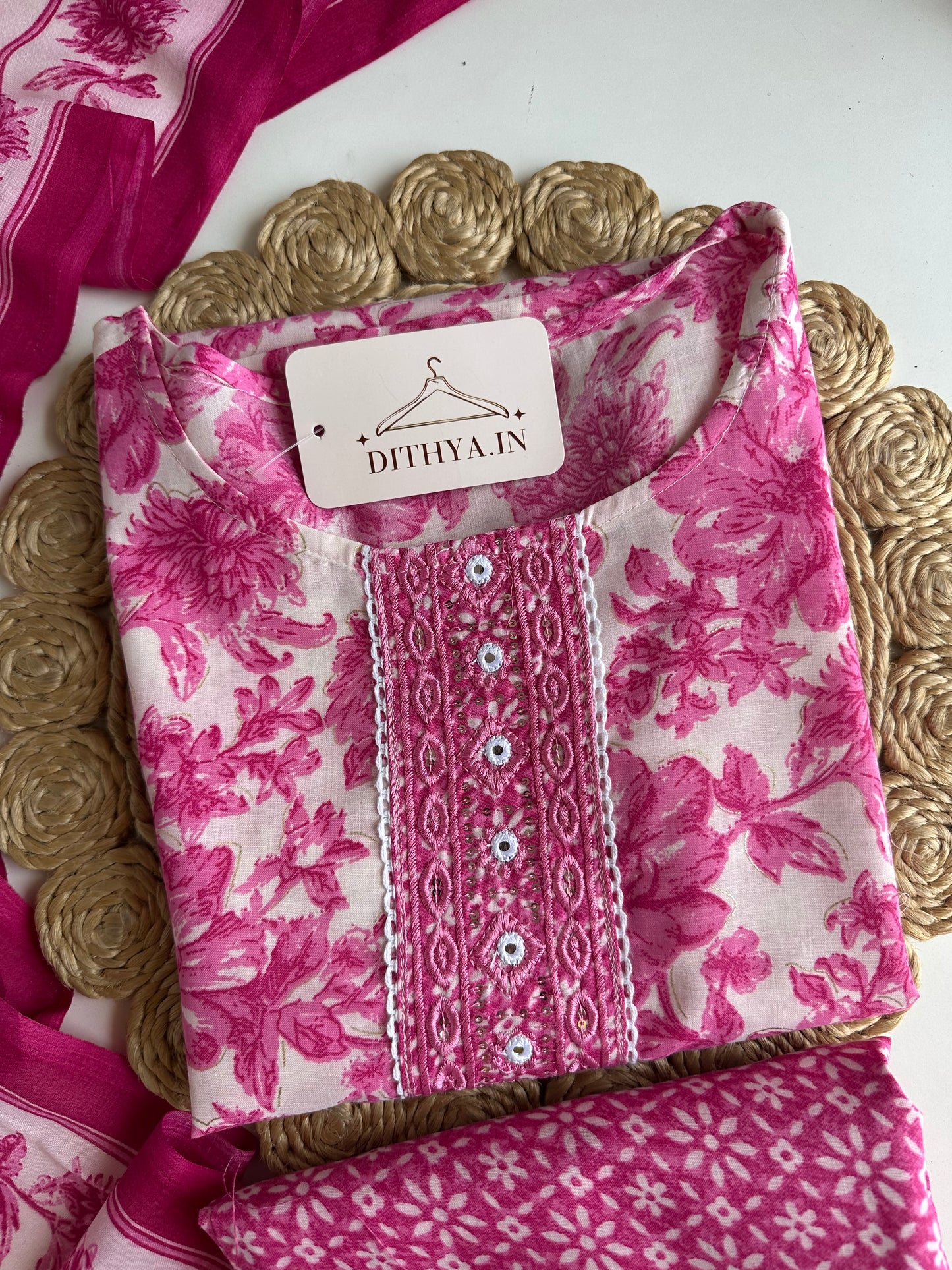 K213 - Cotton embroidered straight Kurti with pants and dupatta