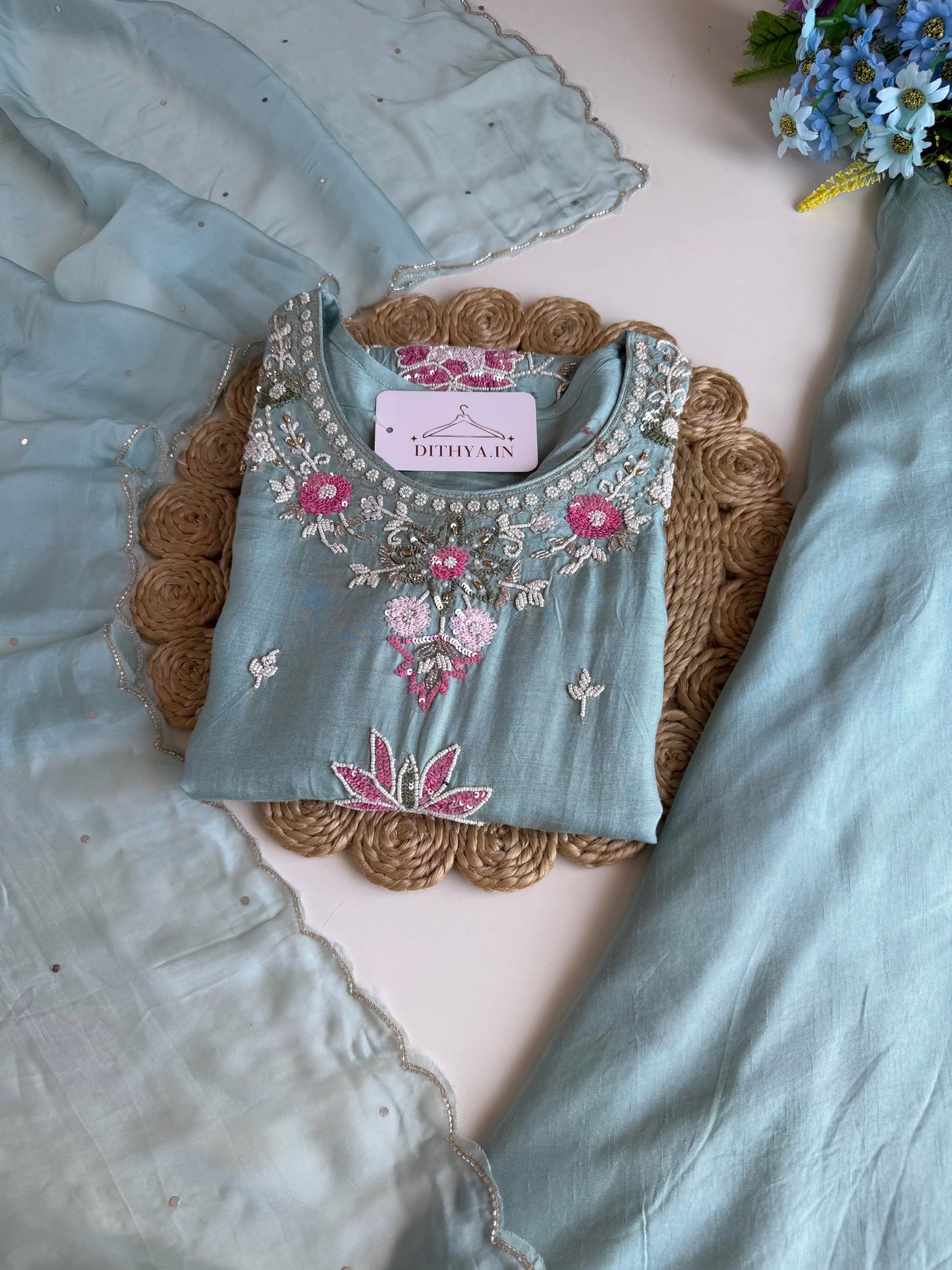 K333 - Russian silk handwork short Kurti with divider pants and dupatta