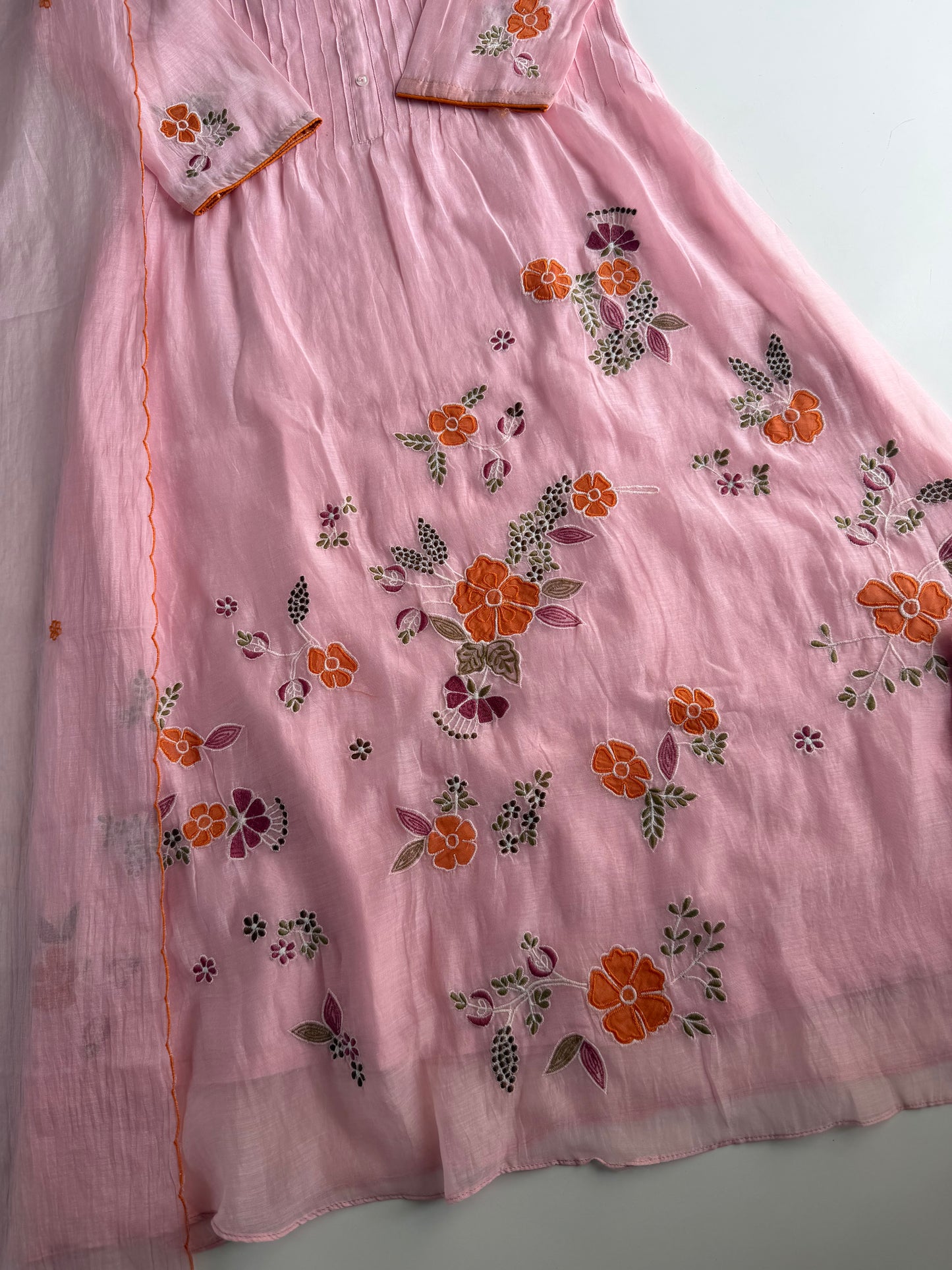 K703 - Mul chanderi embroidered Aline Kurti with pants and dupatta