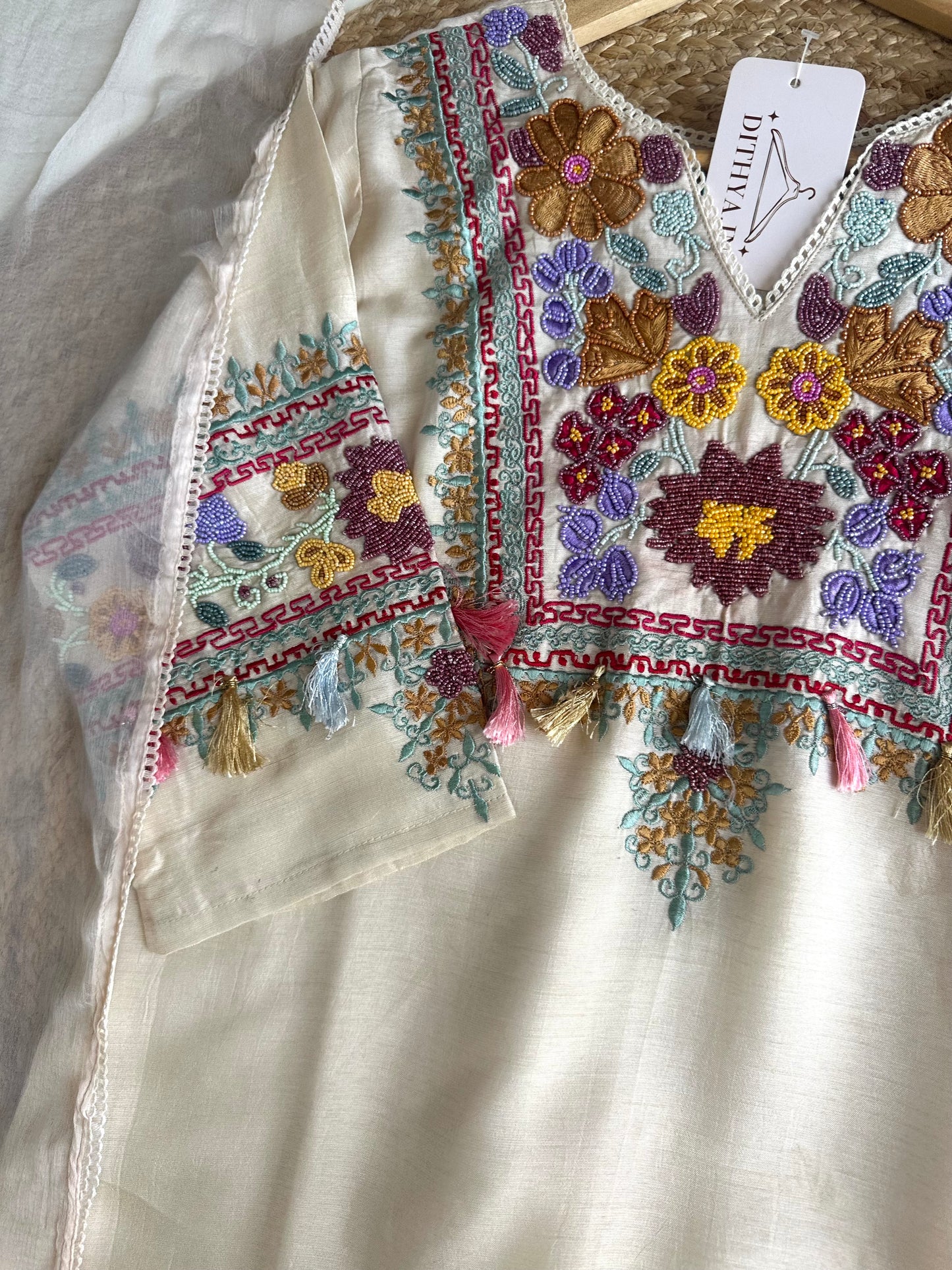 K461 - Russian silk handwork straight Kurti with pants and dupatta