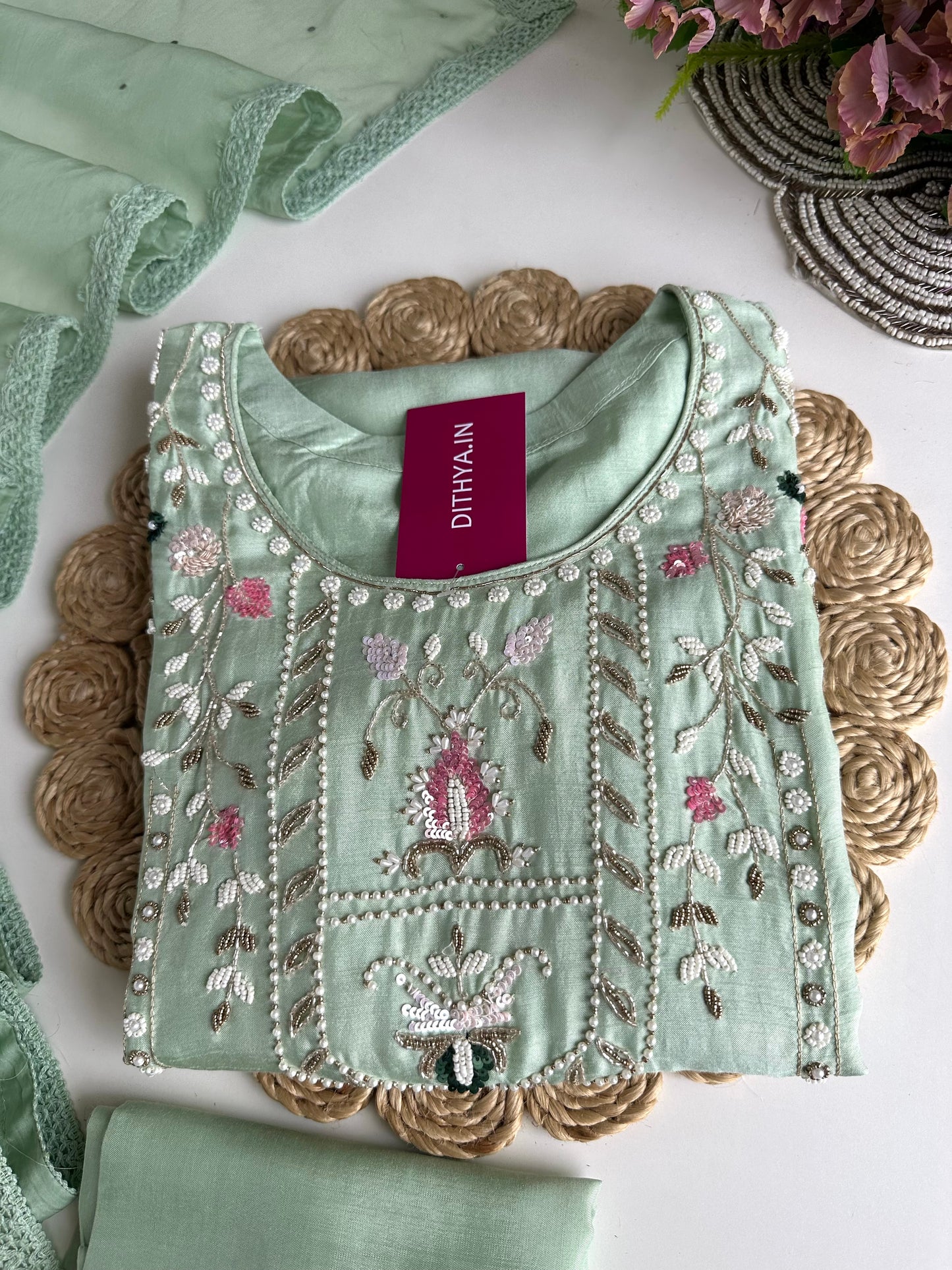 K188 - Russian silk handwork straight Kurti with pants and dupatta