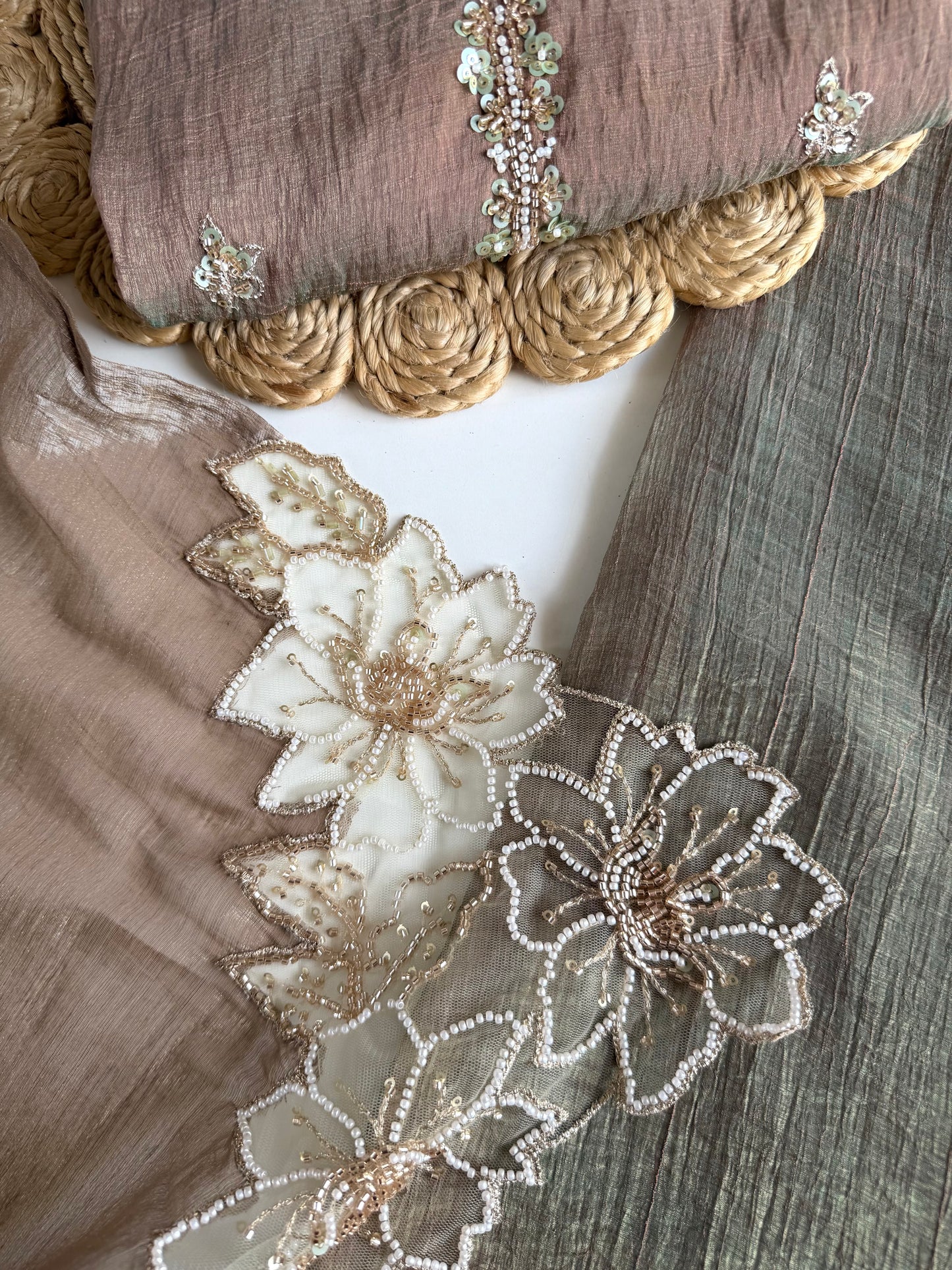 K069 - Crush tissue silk handwork short Kurti with divider pants and dupatta