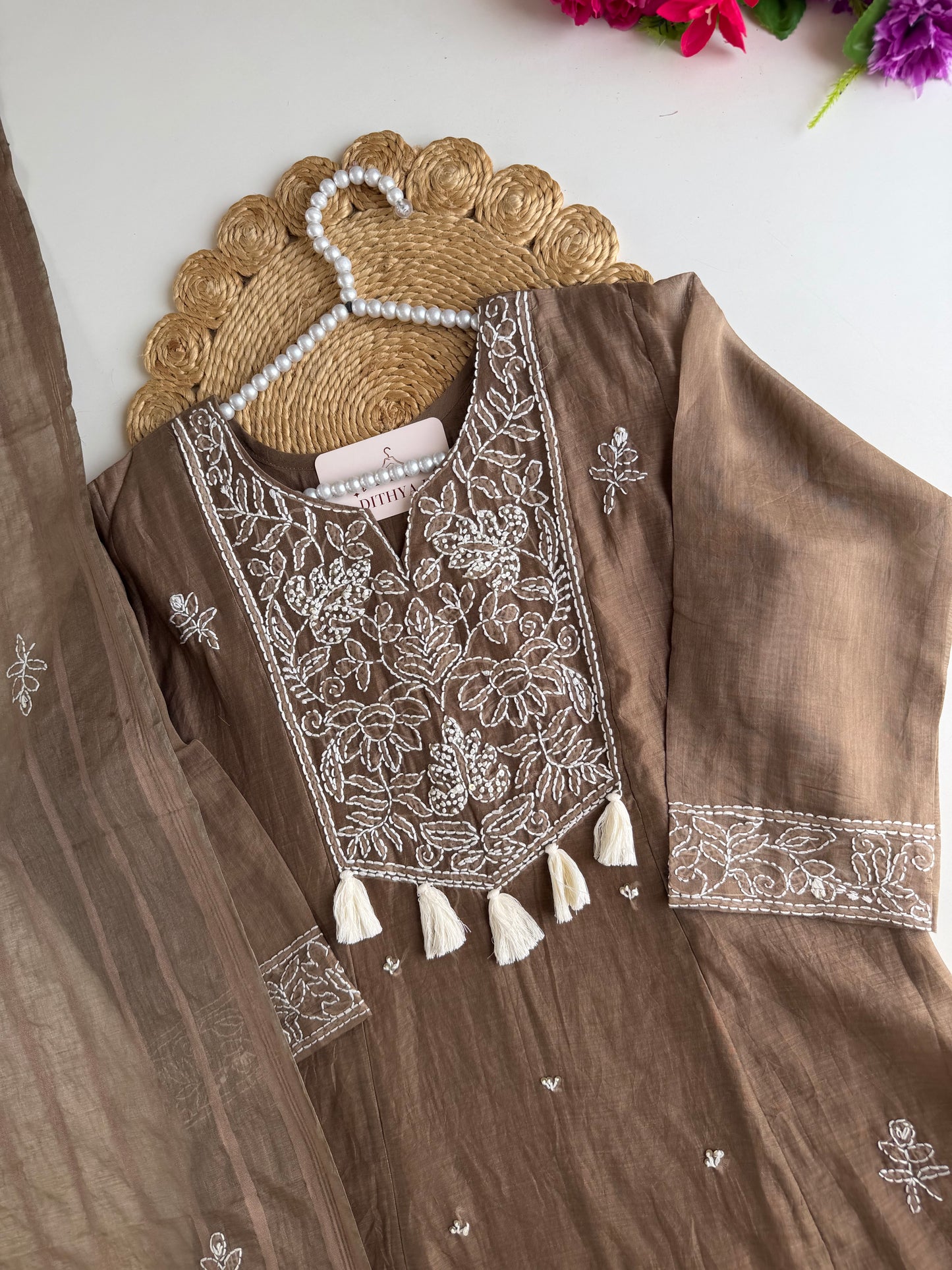 K729 - Mul chanderi embroidered Aline Kurti with pants and dupatta