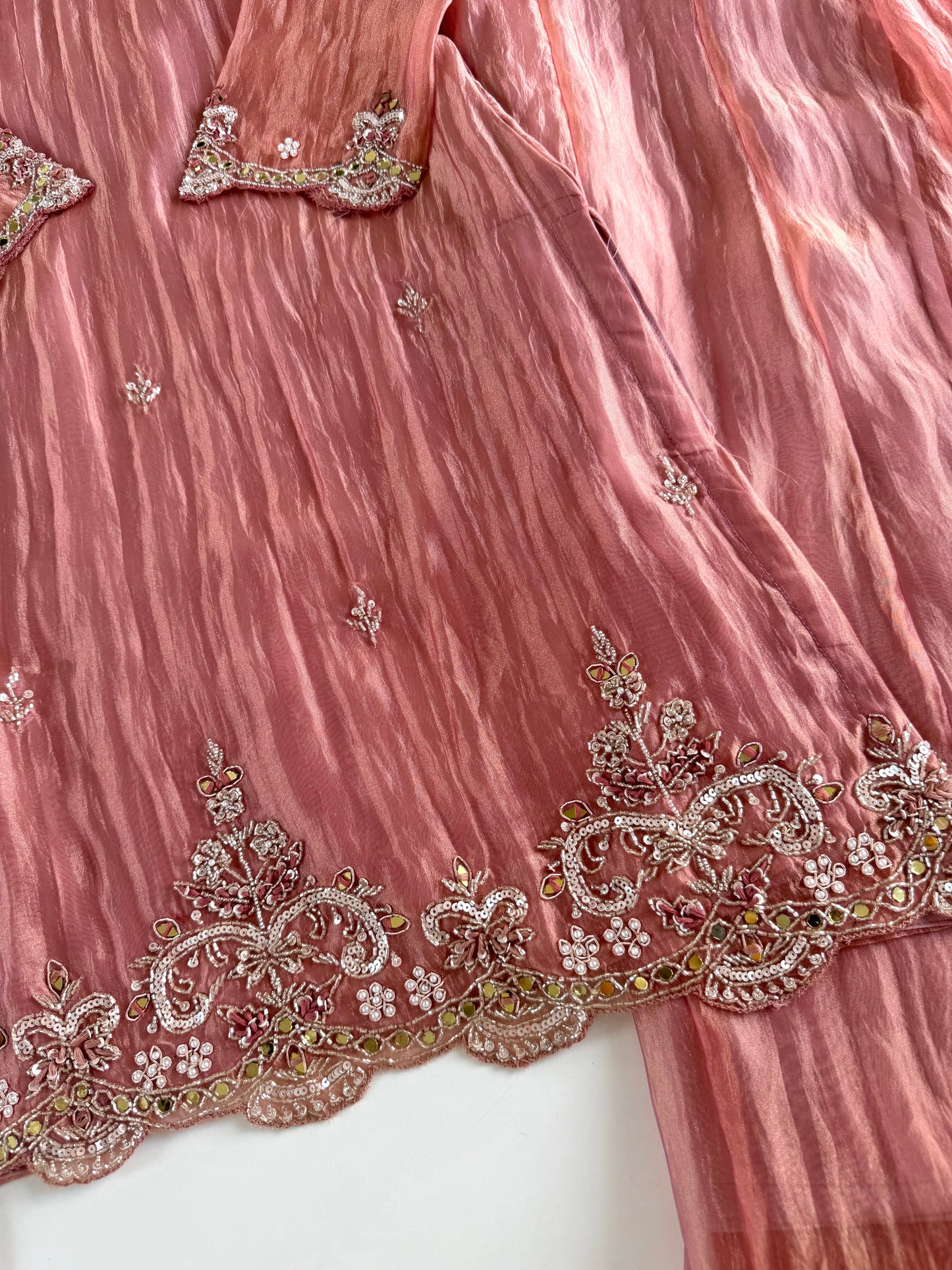 K500 - Glass tissue silk handwork short Kurti with divider pants and dupatta